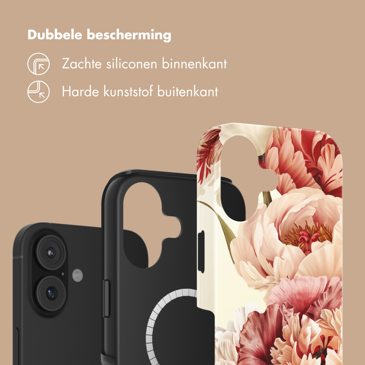 Due custodie per telefono. Una nera e una con motivo floreale.