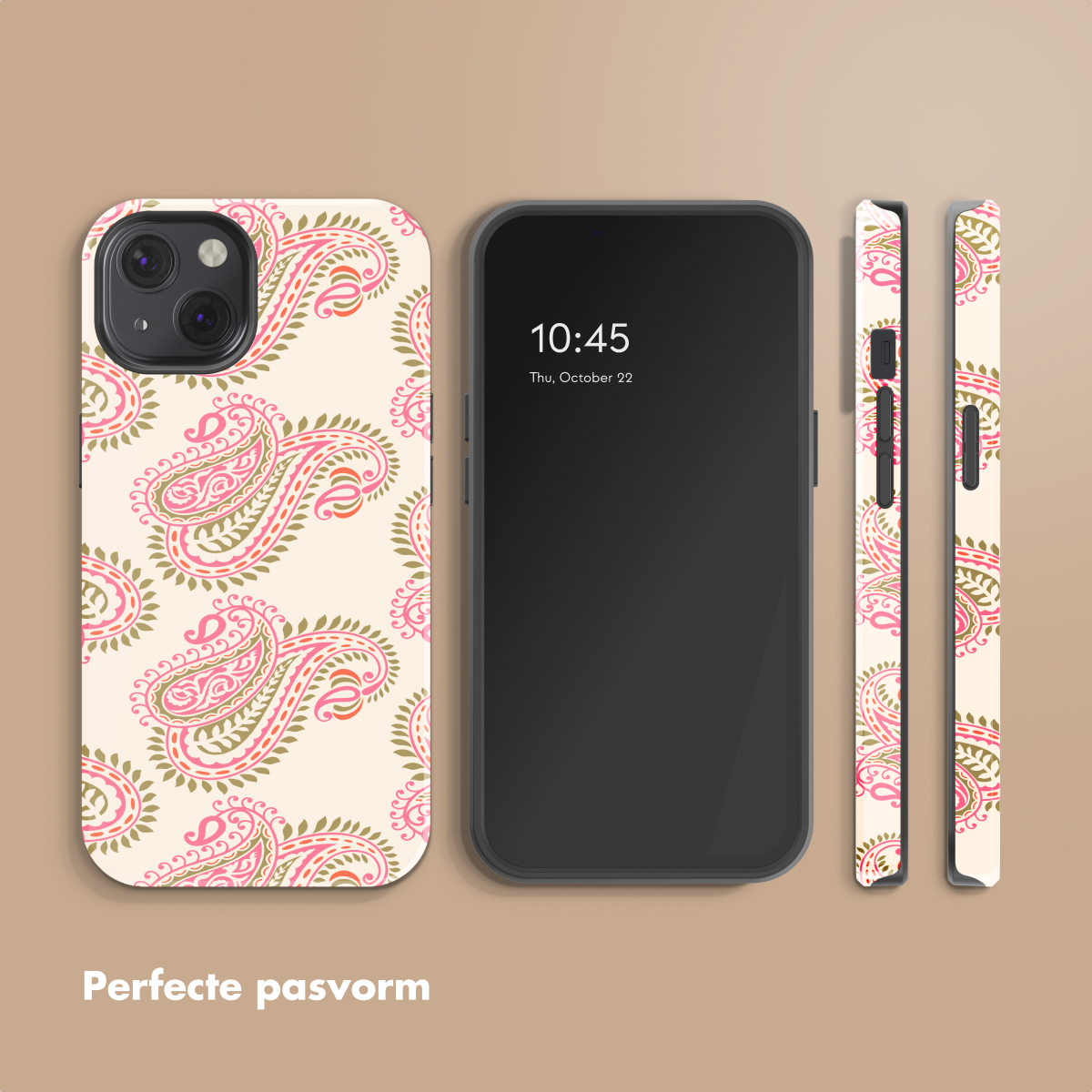 Uno smartphone con un design di cover per telefono con motivo cachemire rosa e verde su sfondo chiaro.