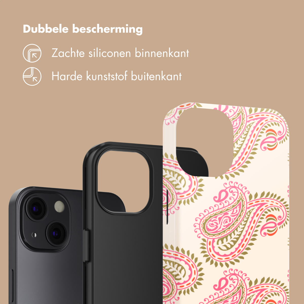 Tre cover per telefono: una nera, una protettiva nera e una fantasia.
