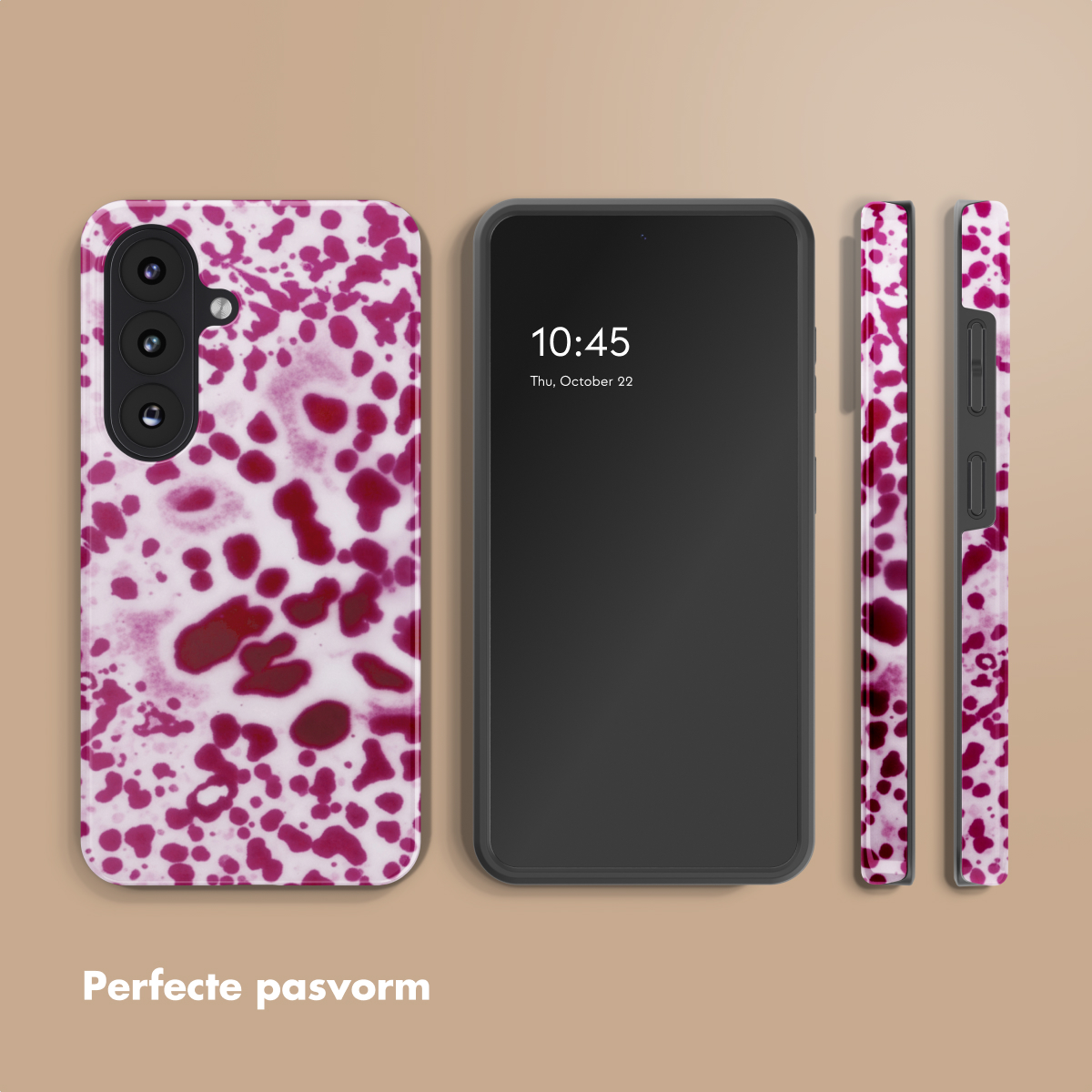 Een smartphone met een paars-witte patroonhoes. De tijd is 10:45.