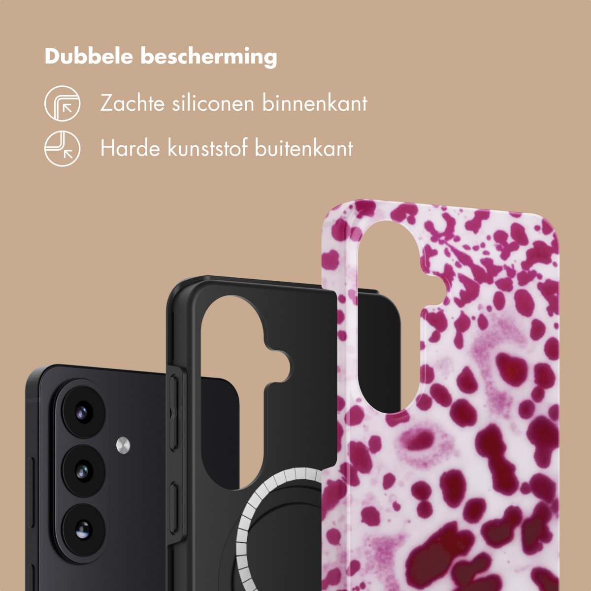 Een zwarte telefoon met drie camera's, ernaast een zwarte hoes en een hoes met vlekkenpatroon.