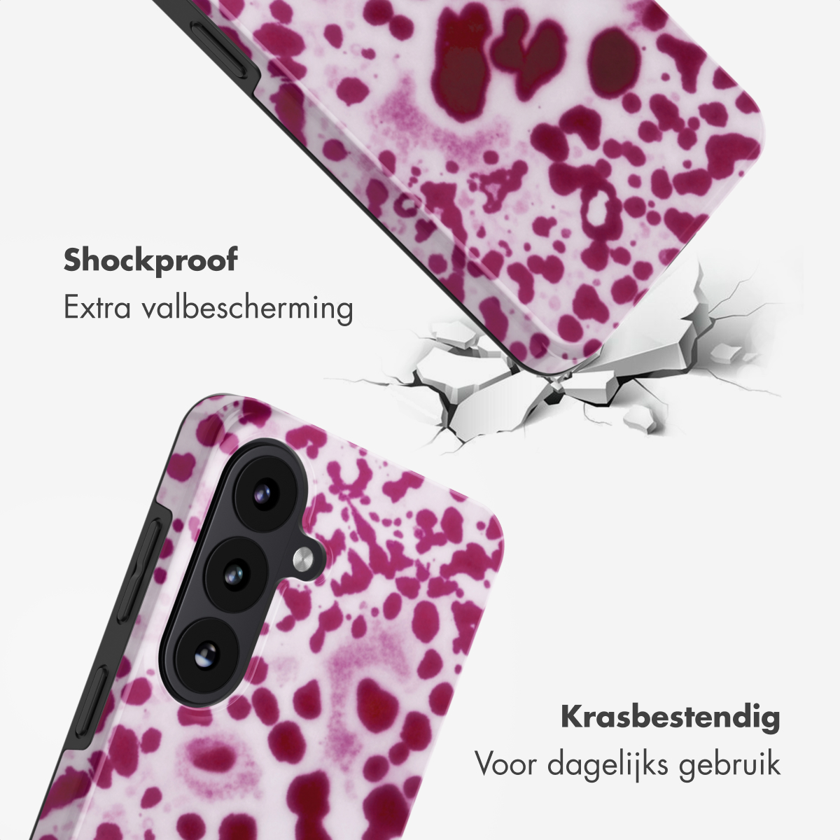 Telefoonhoes met paars vlekkenpatroon, biedt schok- en krasbescherming.
