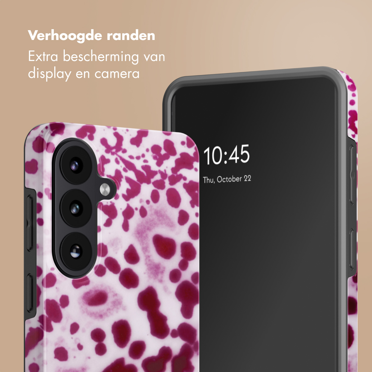 Een telefoon met een rood vlekkenpatroon, met verhoogde rand.