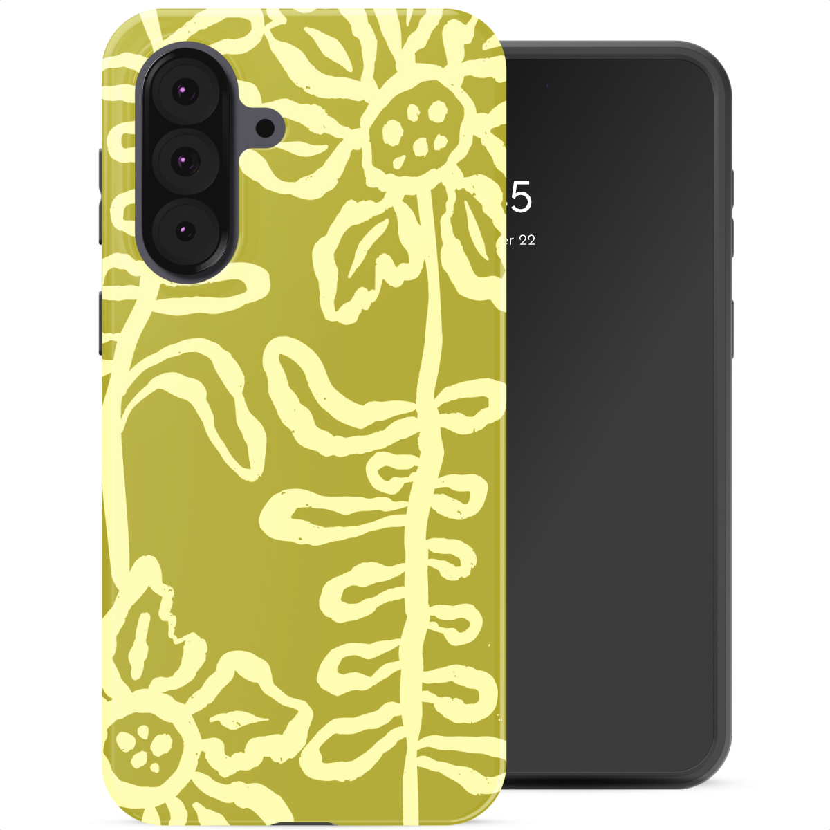 Une coque de téléphone vert olive à motif floral jaune. Un téléphone noir à côté.