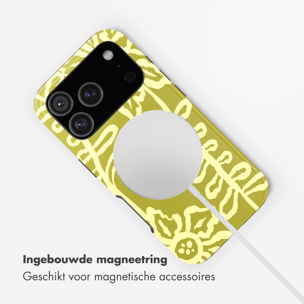 Custodia gialla per telefono con motivo floreale e anello magnetico