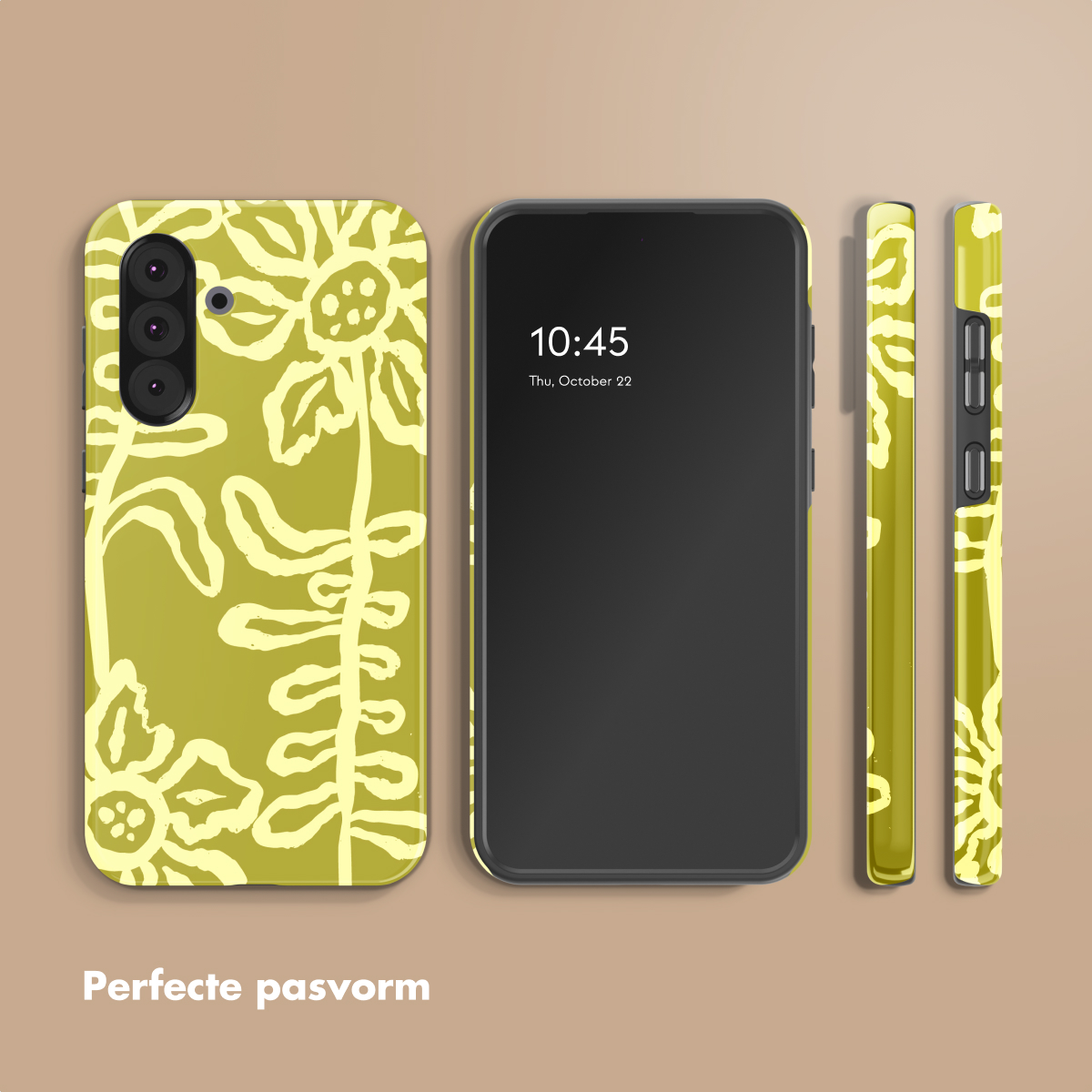 Un telefono con una cover a fantasia floreale gialla. Ora visualizzata: 10:45.