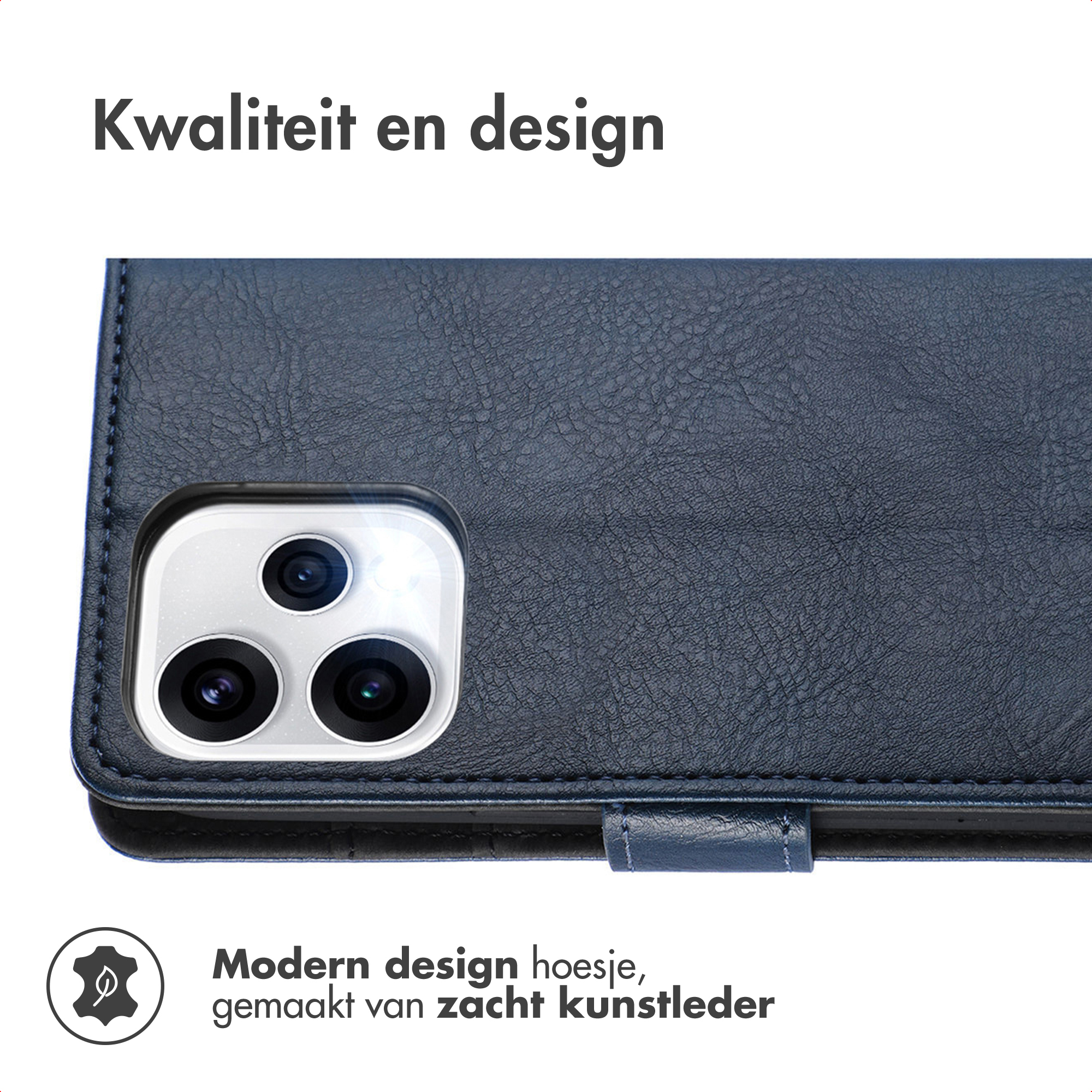 Coque de téléphone bleu marine en similicuir avec découpe caméra et texte.