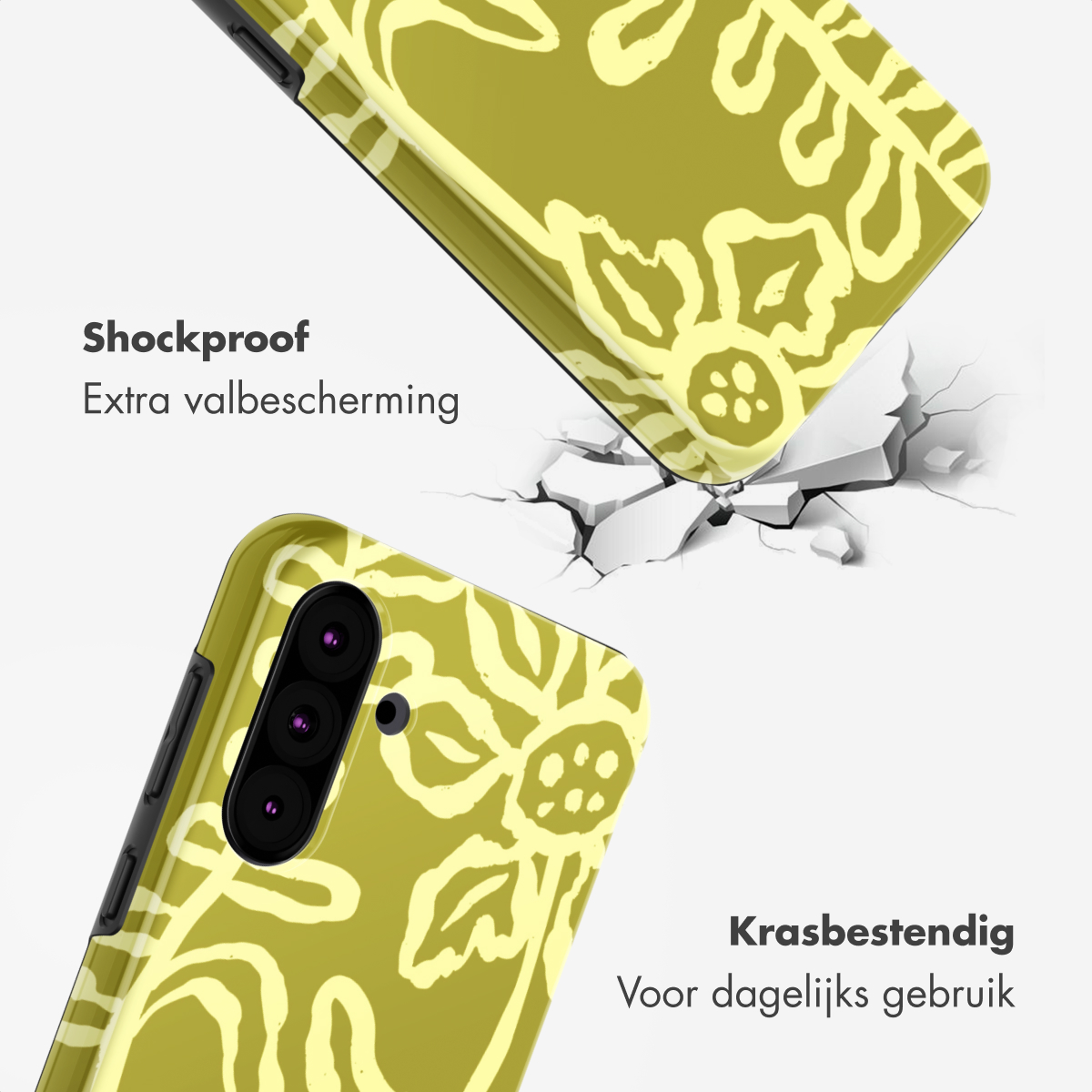 Cover gialla per telefono con motivo floreale, su superficie incrinata.
