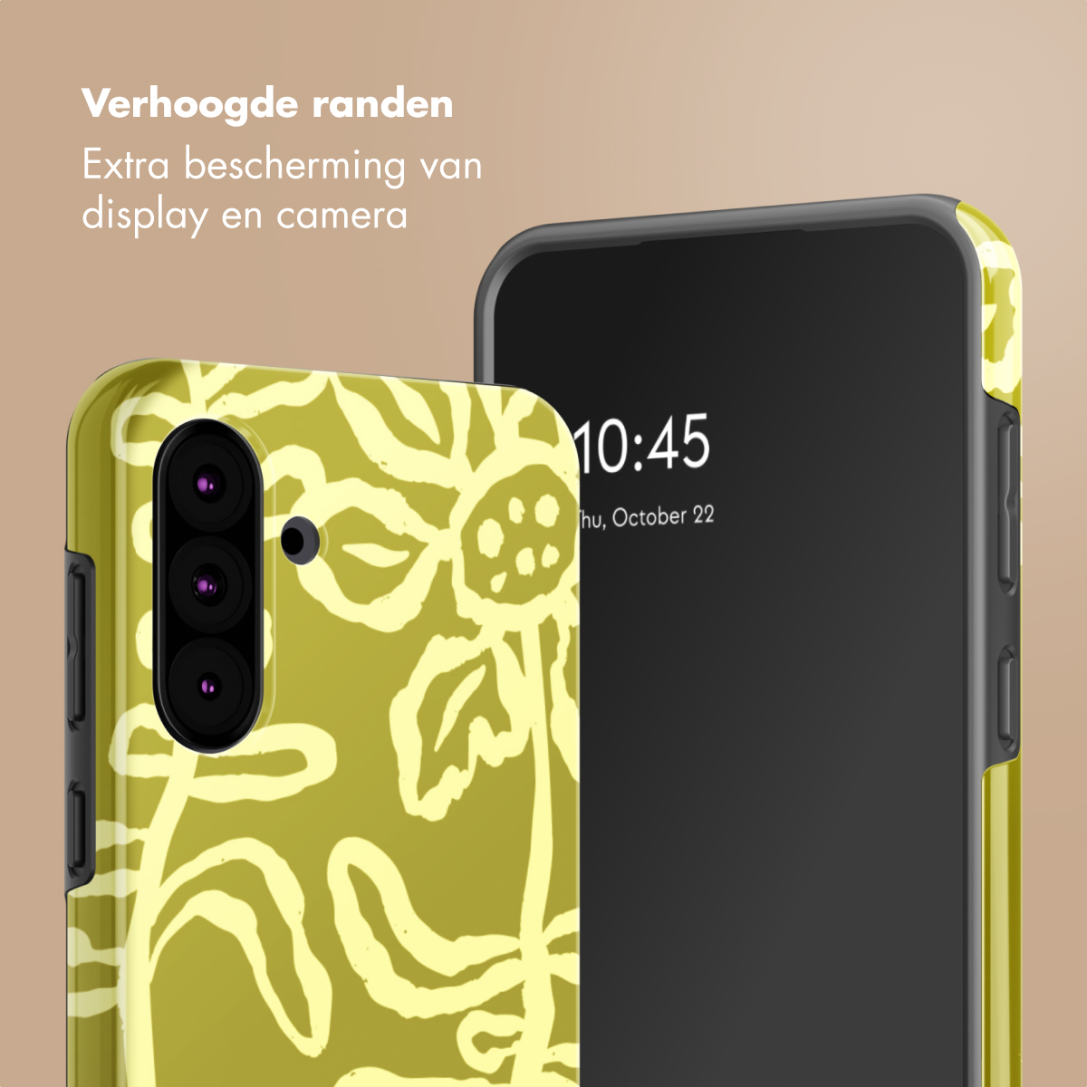 Una custodia per telefono floreale gialla accanto a uno smartphone.