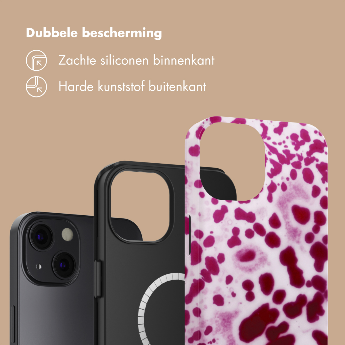 Tre custodie per telefono: nere, nere con anello e bianche con macchie rosa.