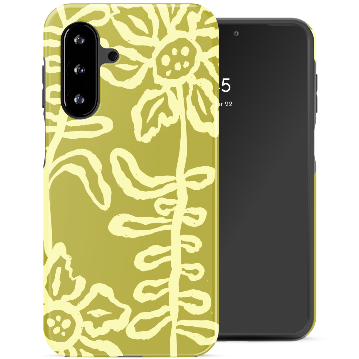 Een gele telefoonhoes met een licht bloempatroon. Een zwarte telefoon ernaast.