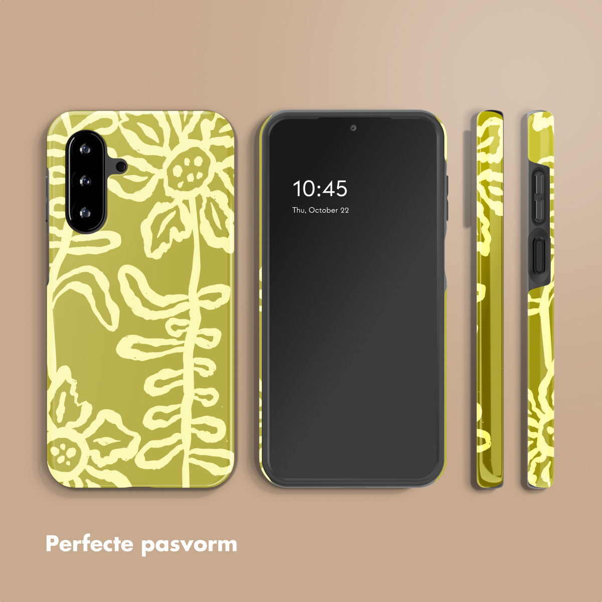 Een groene telefoonhoes met bloemenpatroon naast een smartphone.