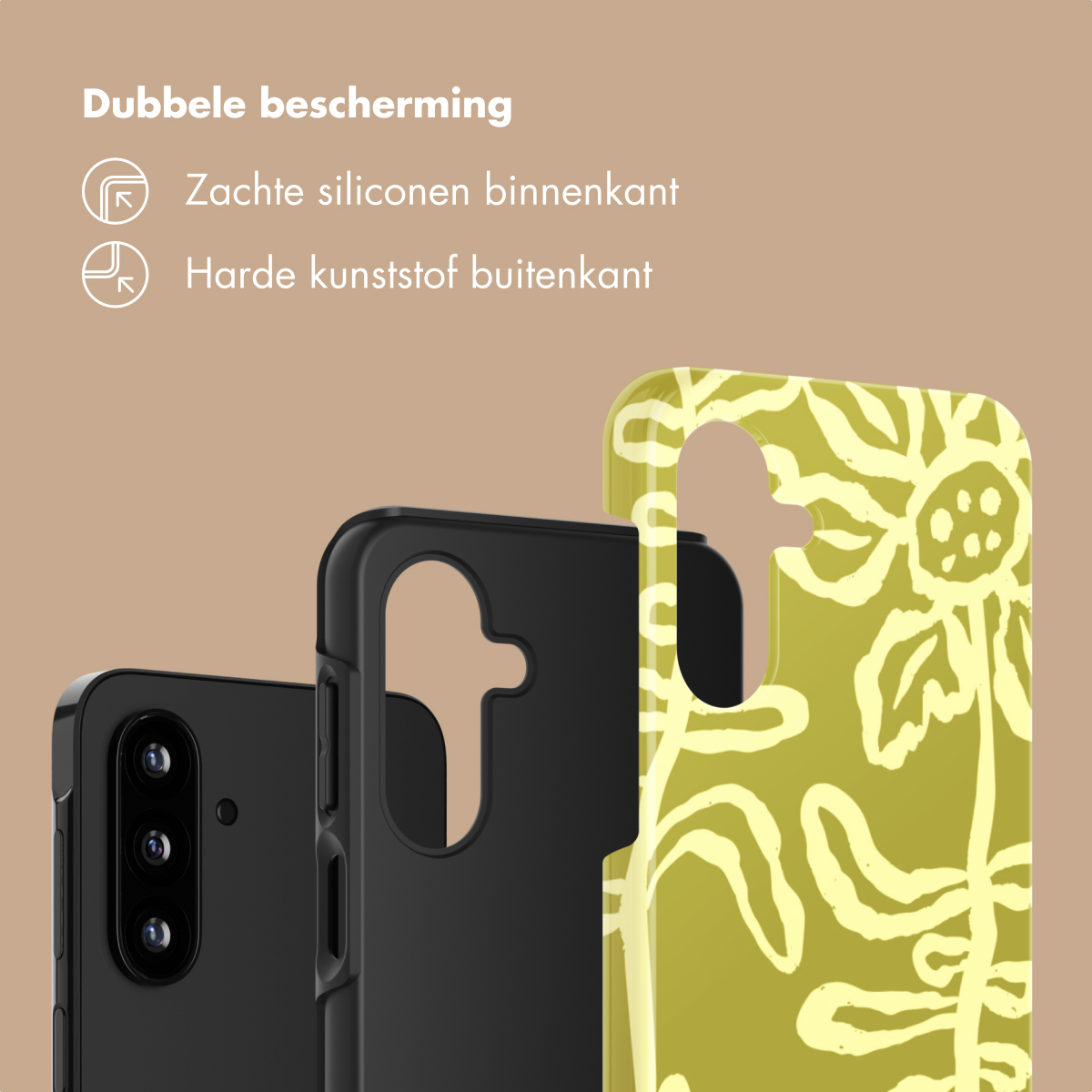 Drie telefoonhoesjes: twee zwarte en één gele met bloemenpatroon.