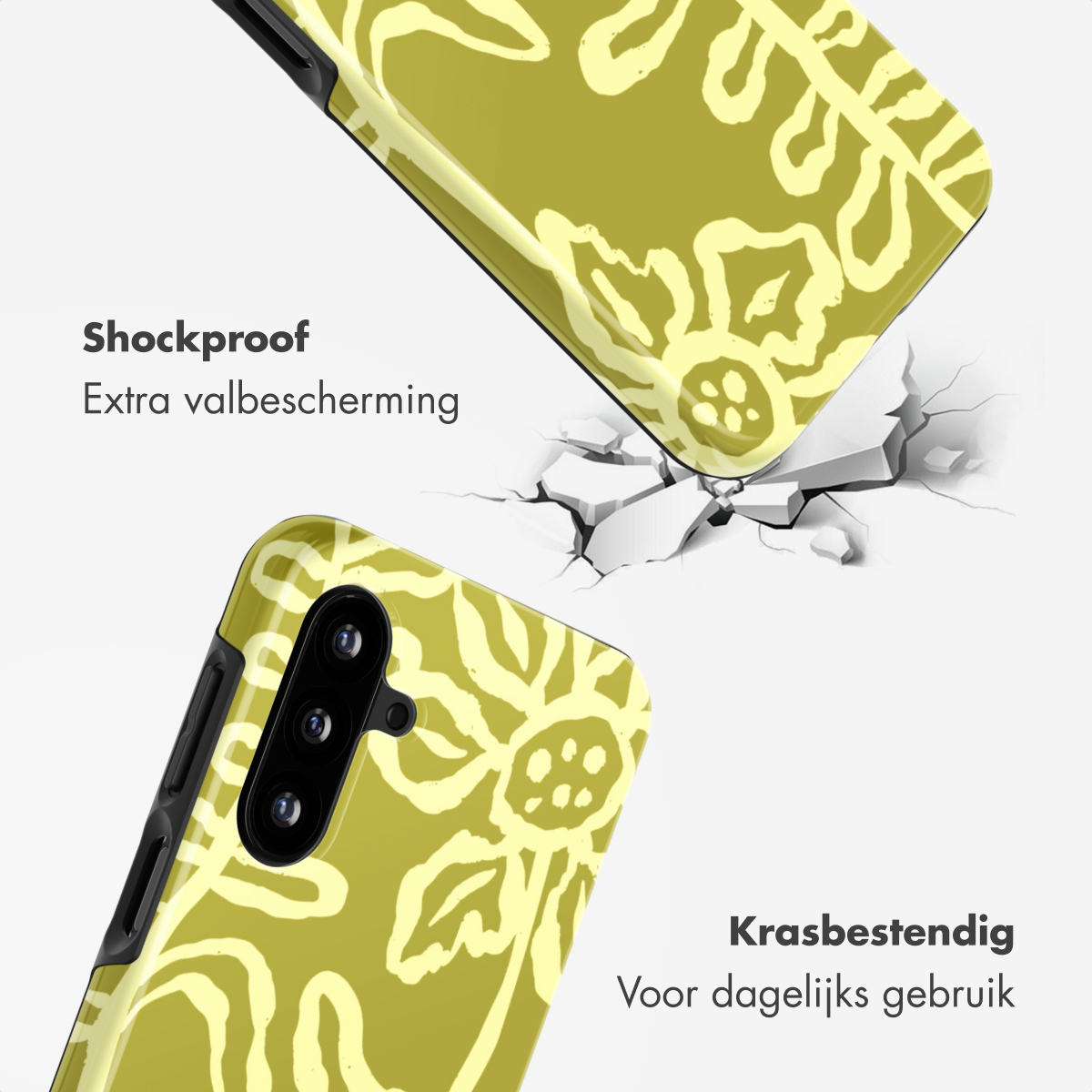 Gele telefoonhoes met bloemenpatroon breekt door wit oppervlak.