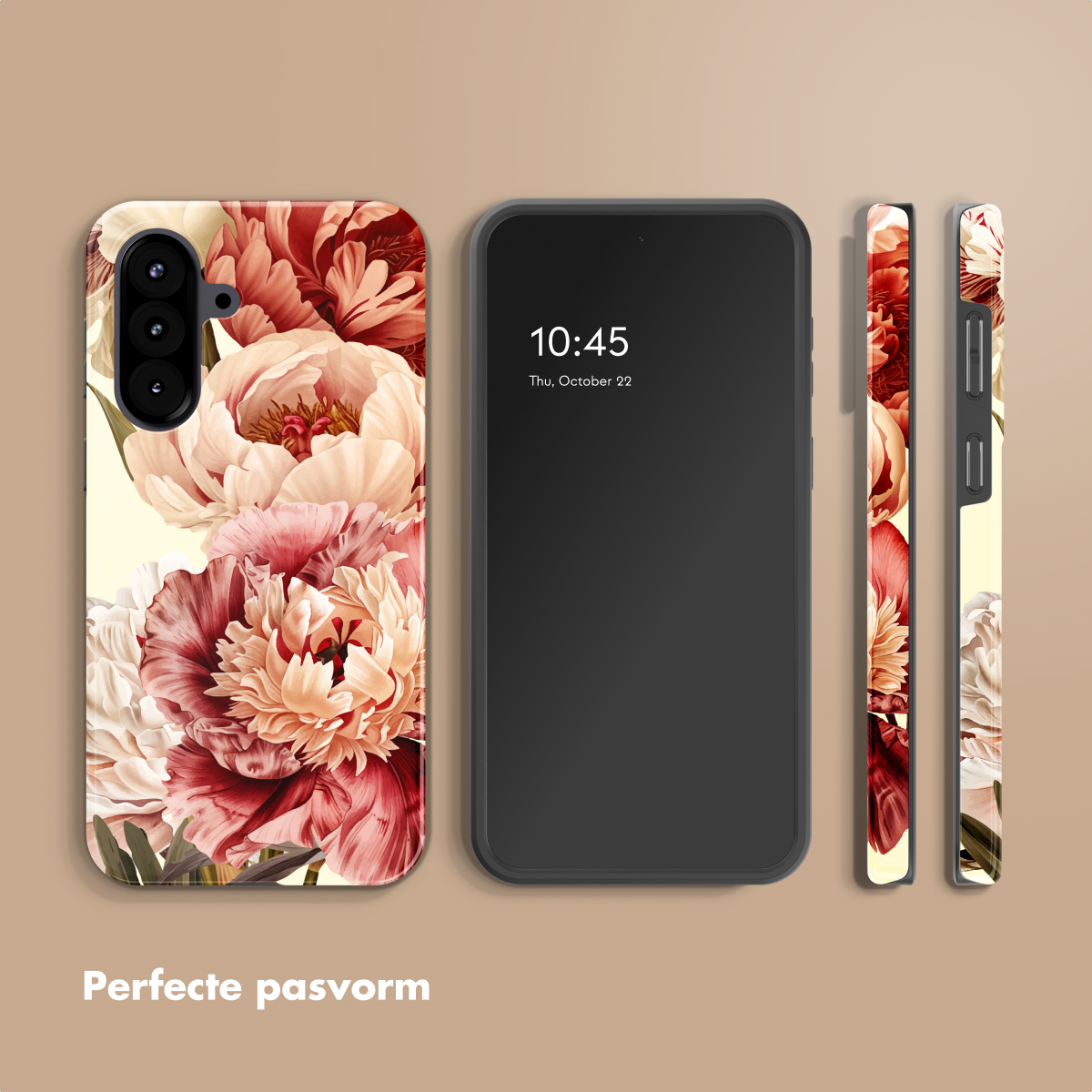 Een smartphone met een hoesje met bloemenpatroon, naast een zwarte telefoon.