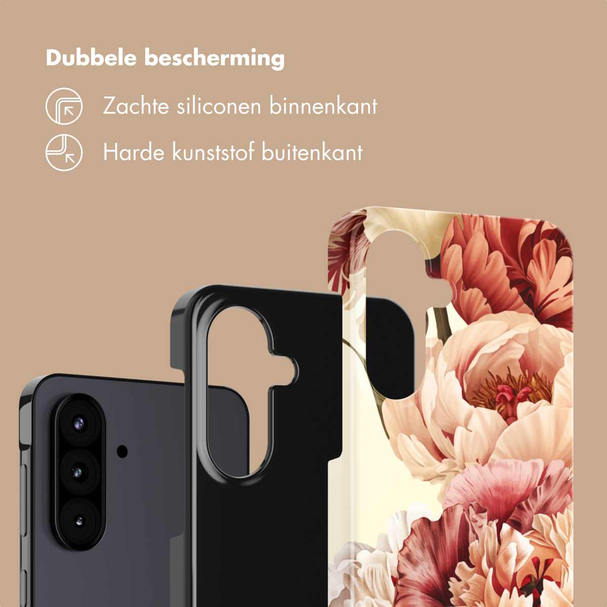 Een zwarte smartphone met bloemenhoes. Zachte siliconen voering aan de binnenkant.