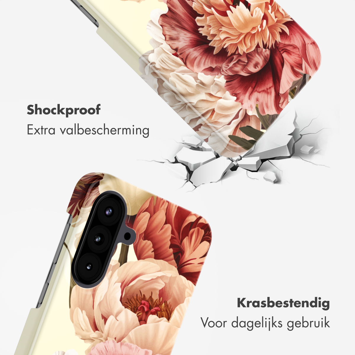 Een telefoonhoes met bloemenpatroon, die schokbestendige en krasbestendige kenmerken toont.