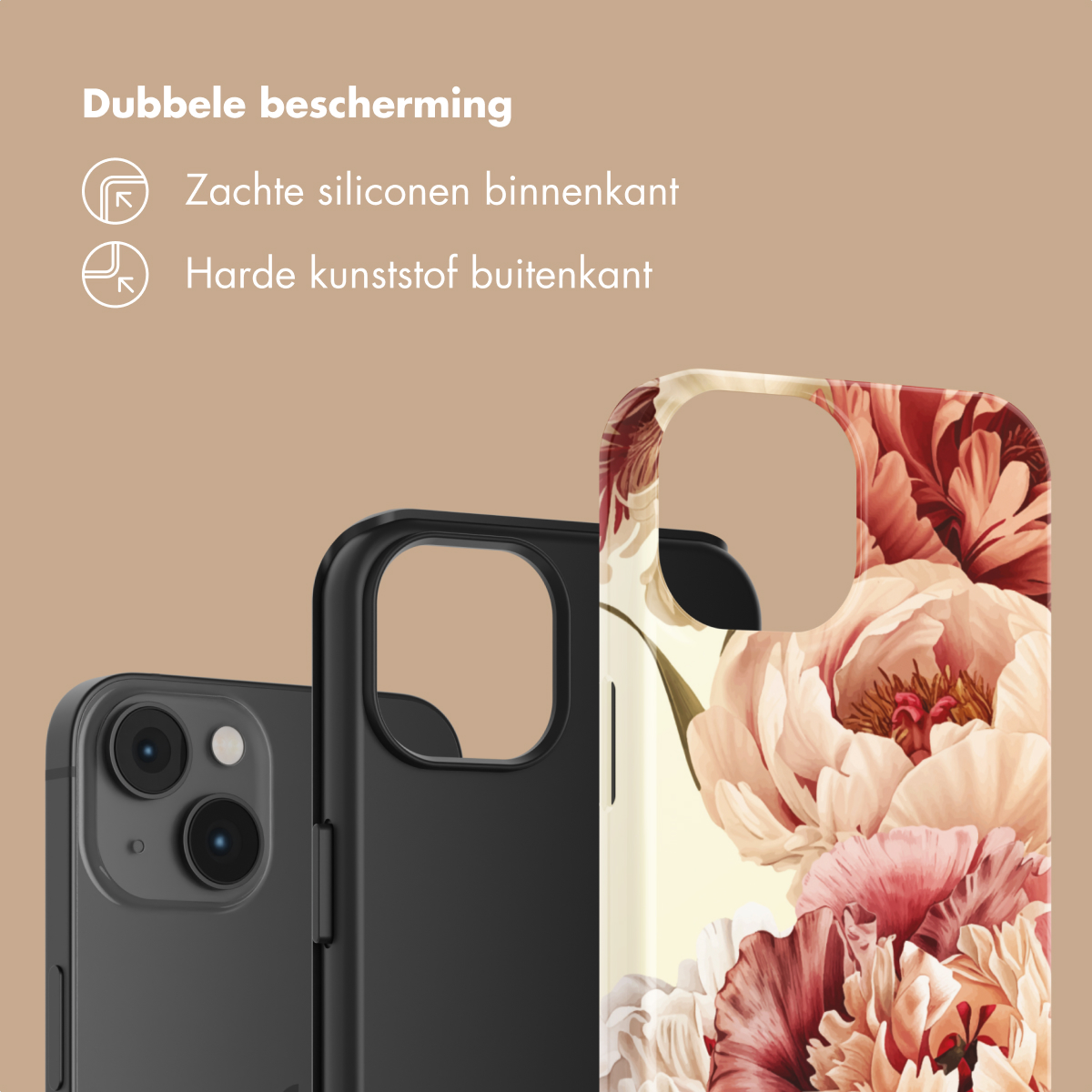 Téléphone noir à côté d'une coque florale. Description double protection.