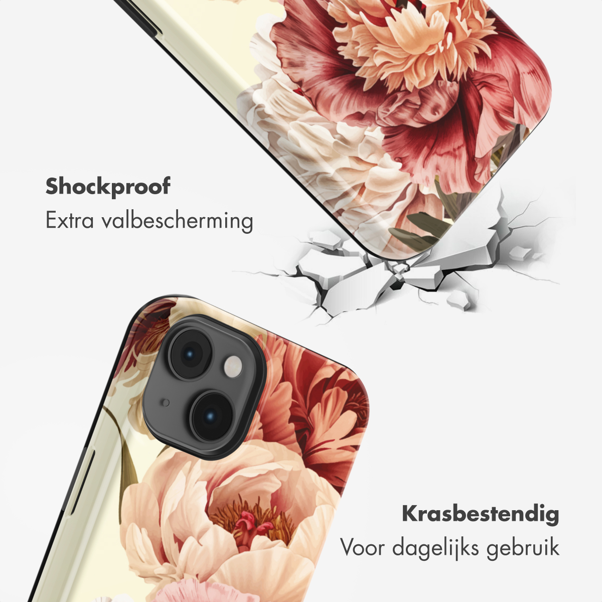 Coque de téléphone à motif floral, montrant des caractéristiques antichoc et résistantes aux rayures.