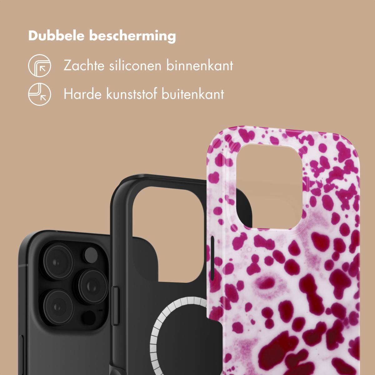 Due custodie per telefono: una nera con fotocamere, una bianca con macchie rosa.