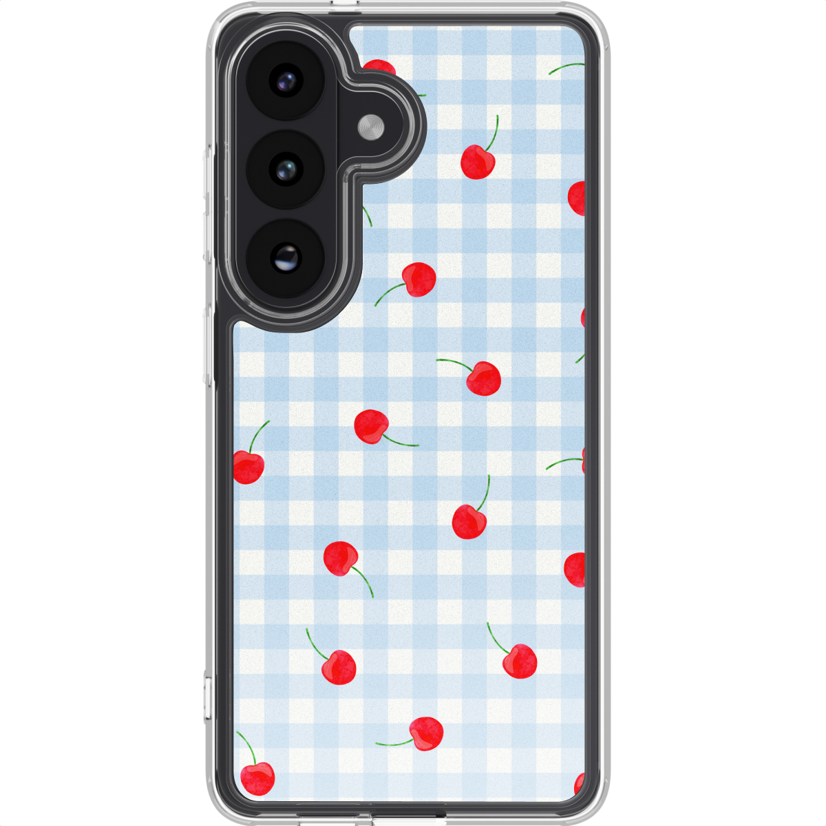 Una custodia trasparente per telefono con motivo a quadretti blu e ciliegie rosse.