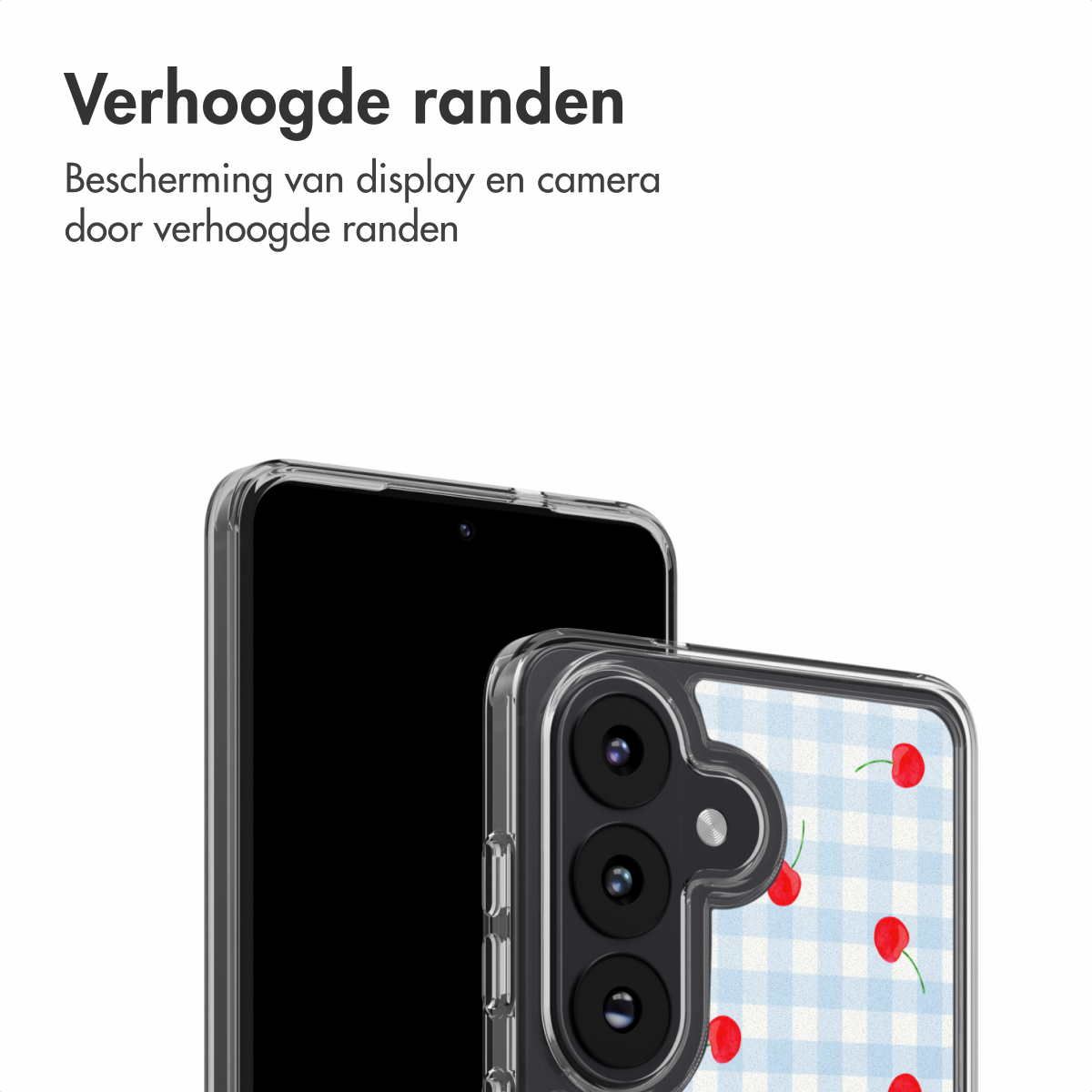 Uno smartphone con cover trasparente a fantasia di ciliegie.