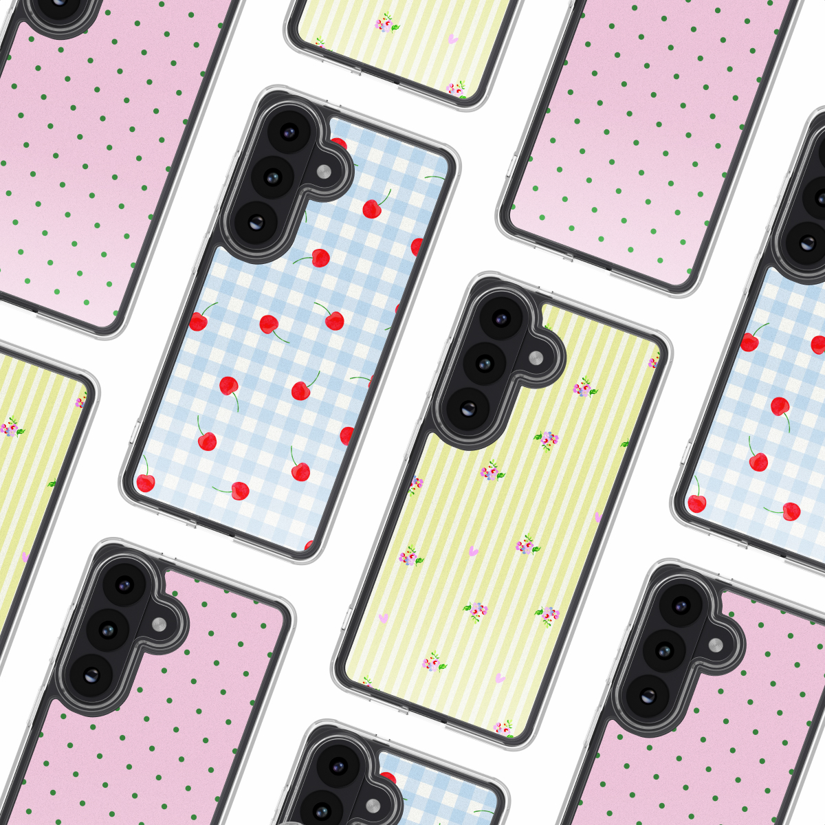Diverse custodie per telefono con fantasie: pois, ciliegie e fiori.