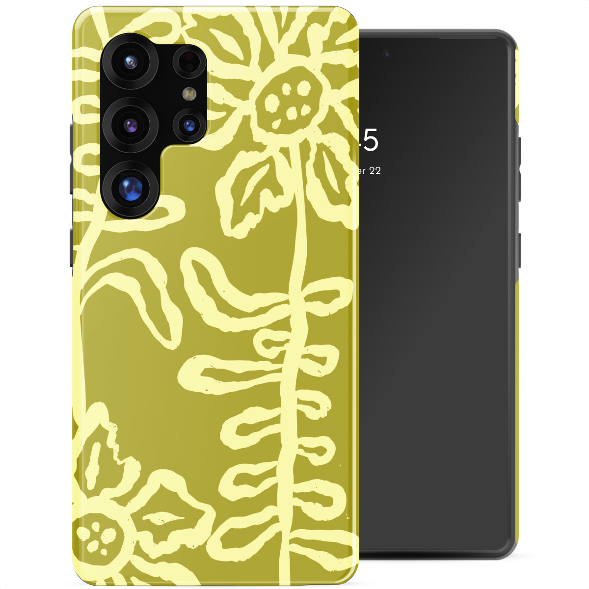 Een gele telefoonhoes met een lichtgeel bloemenpatroon naast een smartphone.