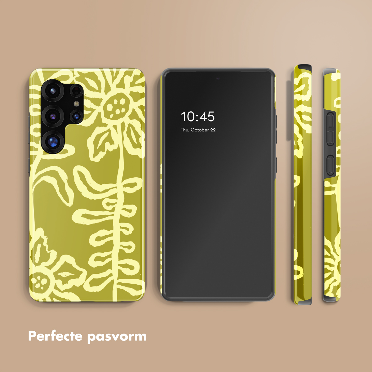 Een smartphone met een gele bloemenhoes wordt weergegeven. Perfecte pasvorm.