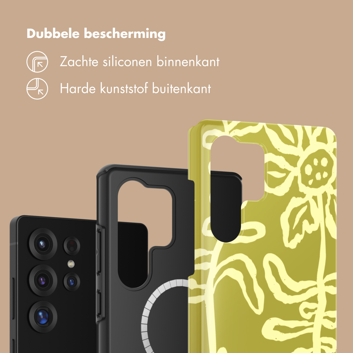 Drie telefoonhoesjes: zwarte met camera's, zwarte en gele met bloemenpatroon.