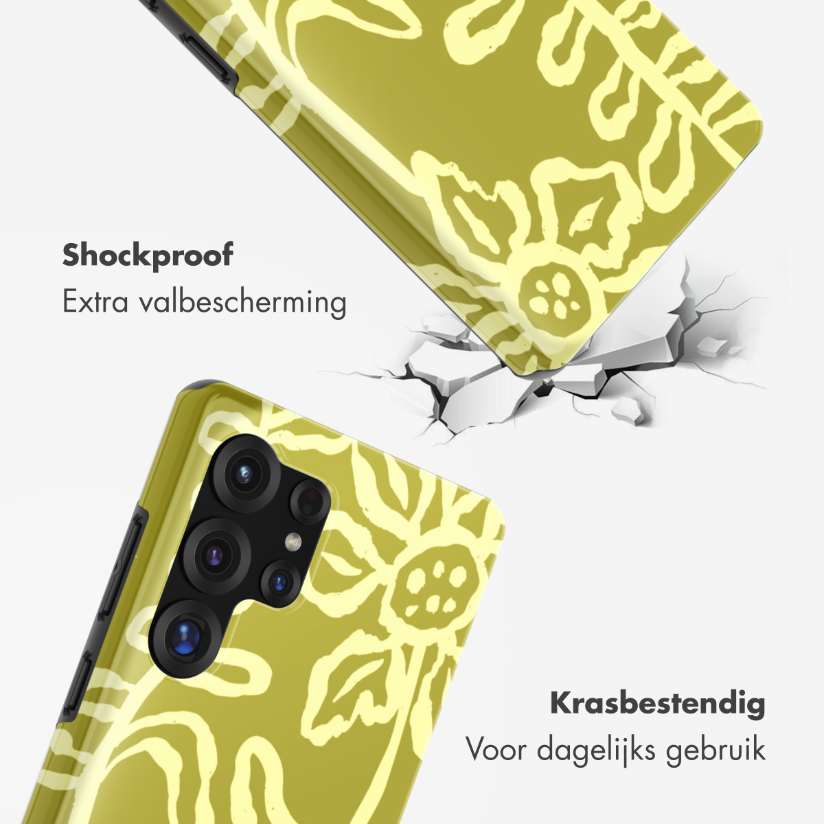 Gele telefoonhoes met bloemenpatroon die op gebroken grond valt.