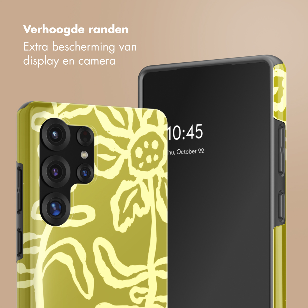 Gele telefoonhoes met zonnebloem en telefoon met tijd