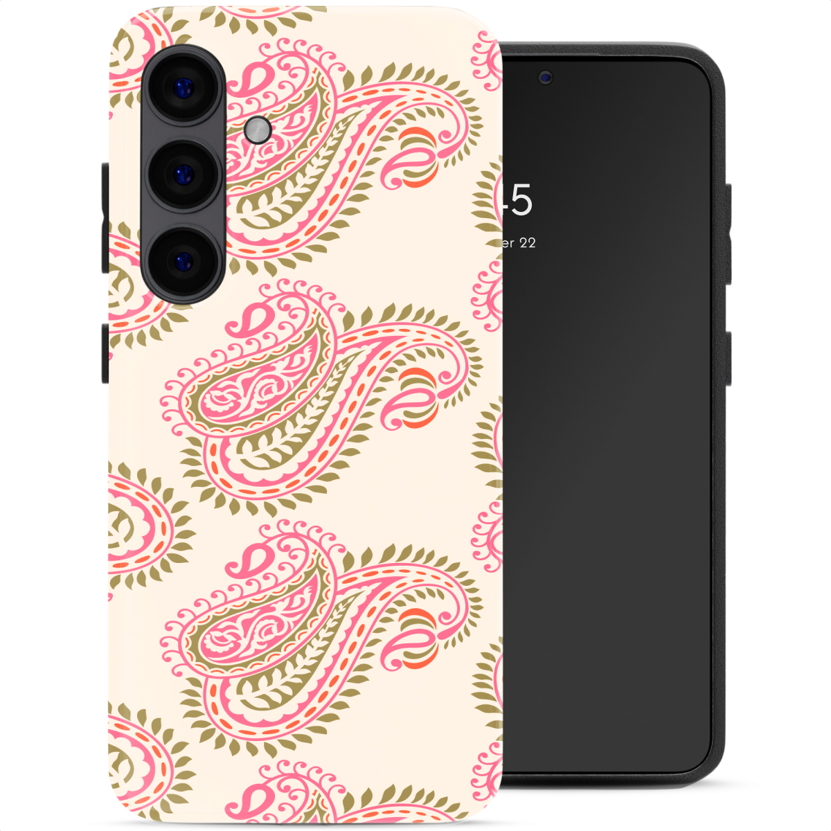 Un téléphone avec une coque à motif cachemire rose et vert olive.
