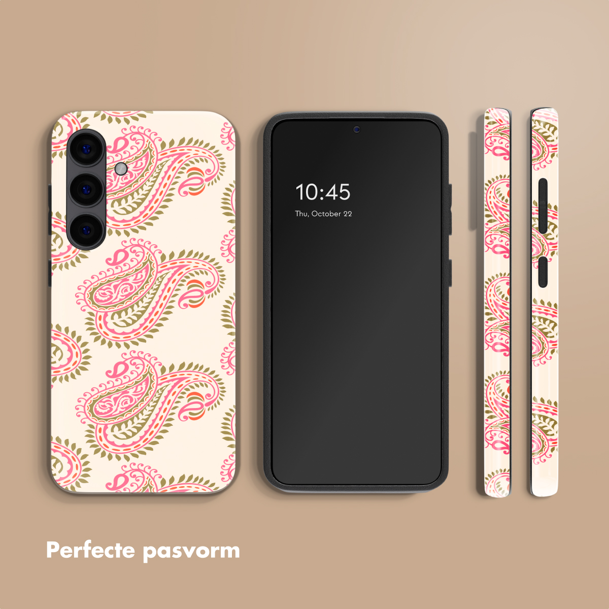 Un téléphone avec une coque à motif cachemire, à gauche et à droite.