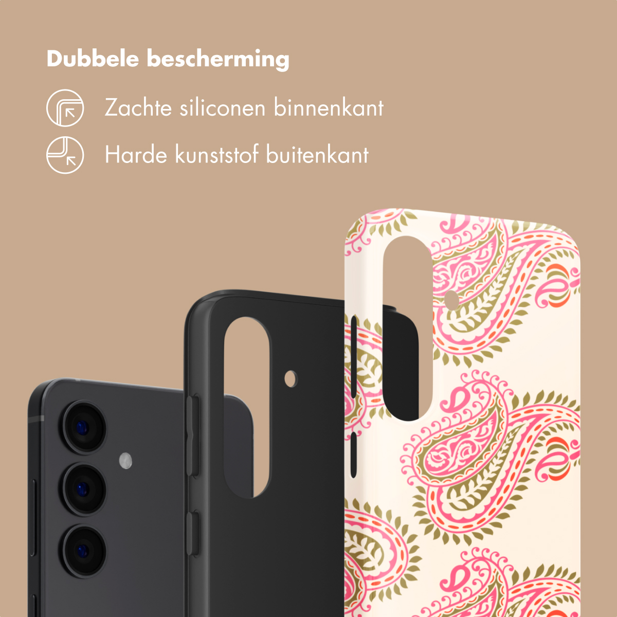 Uno smartphone con custodia fantasia paisley, custodia nera e custodia accanto.