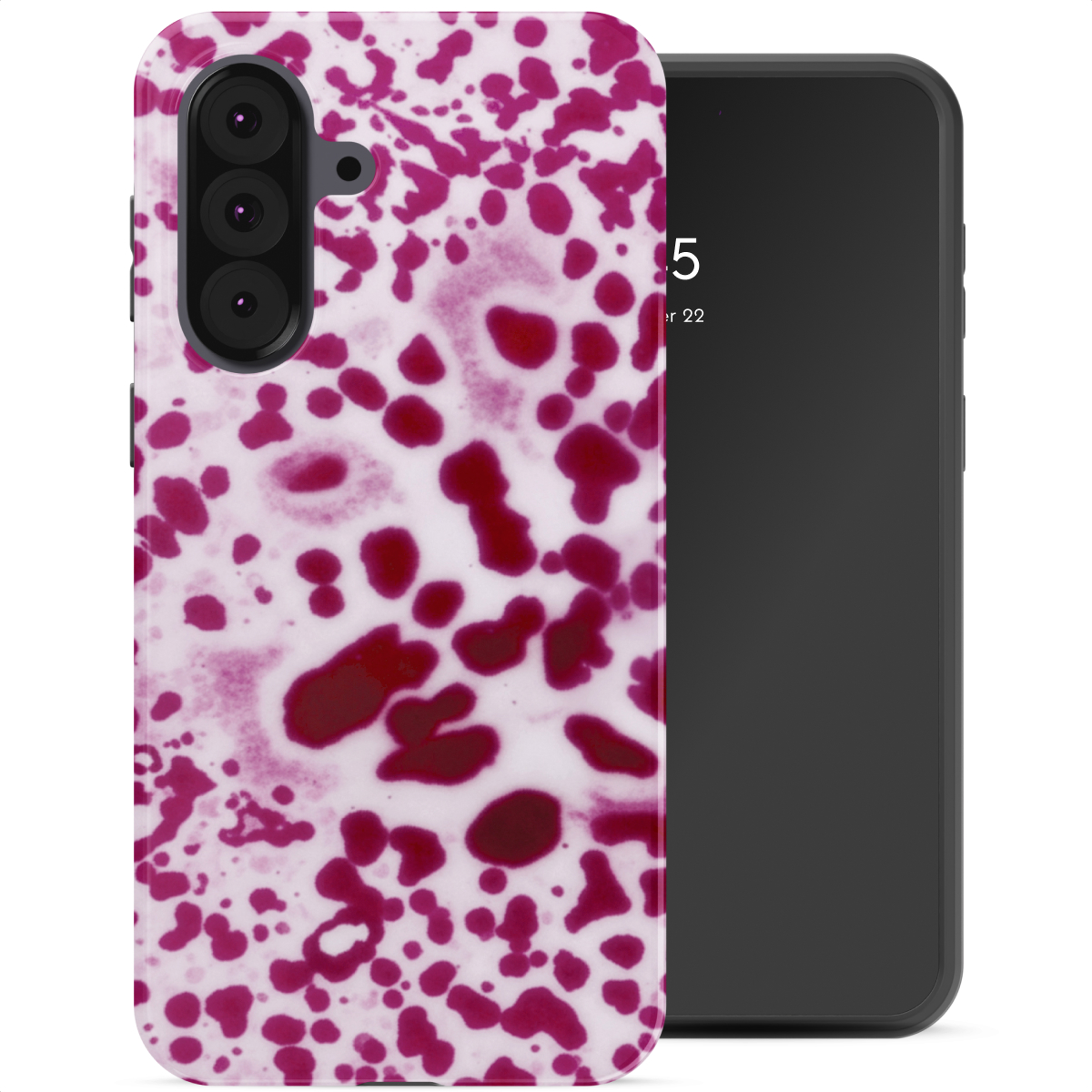 Un smartphone avec un étui arborant un motif d'éclaboussures rouges sur fond blanc.
