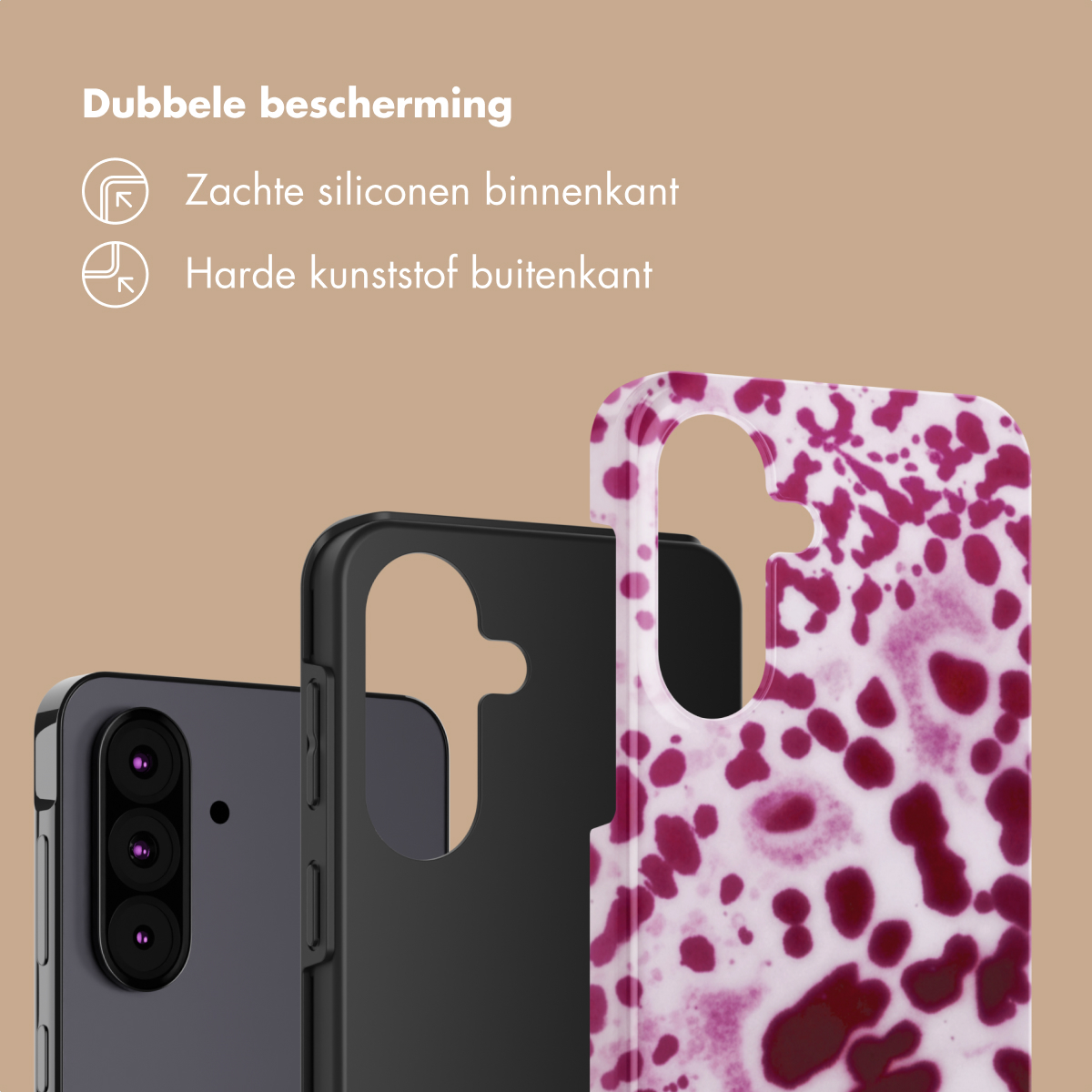Trois coques de téléphone : gris foncé, noire et une à motif rose-violet.