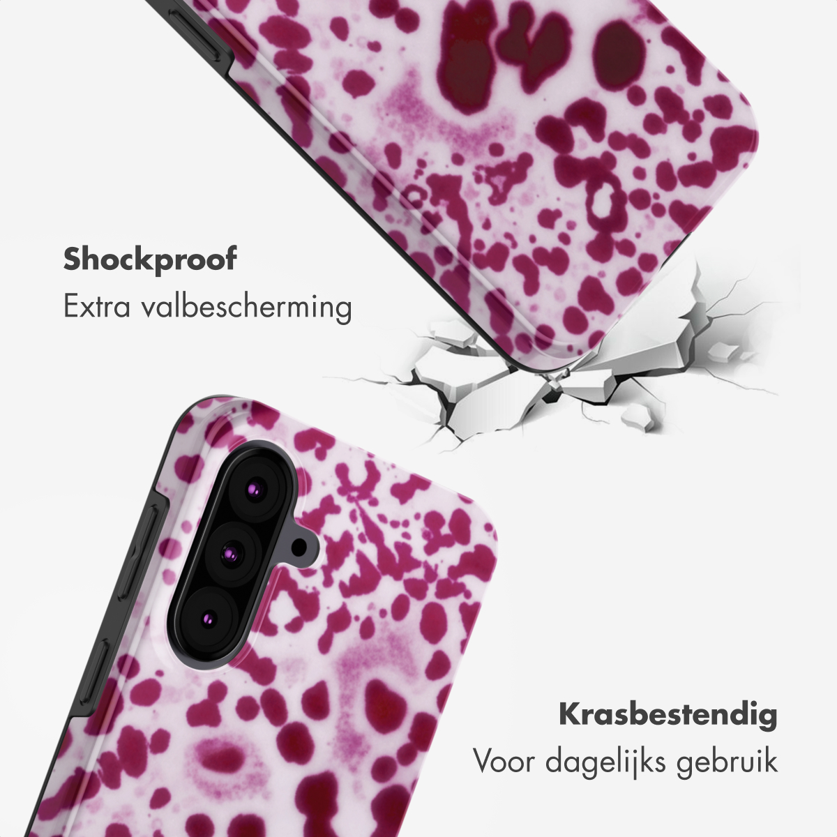 Coque de téléphone à motif marbré rose et blanc tombant sur un sol craquelé.
