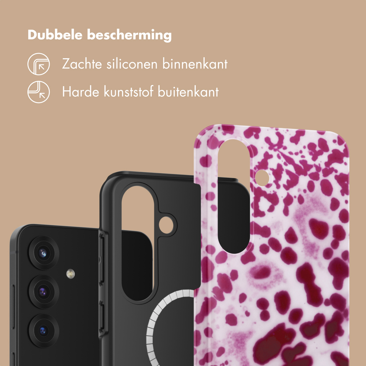 Drie telefoonhoesjes naast elkaar: zwart met camera, zwarte hoes en kleurrijke hoes.