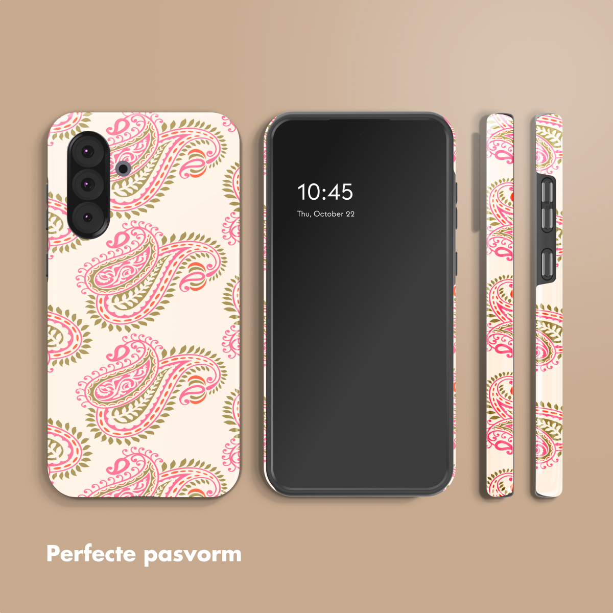 Uno smartphone con cover a fantasia paisley rosa e verde su sfondo chiaro.