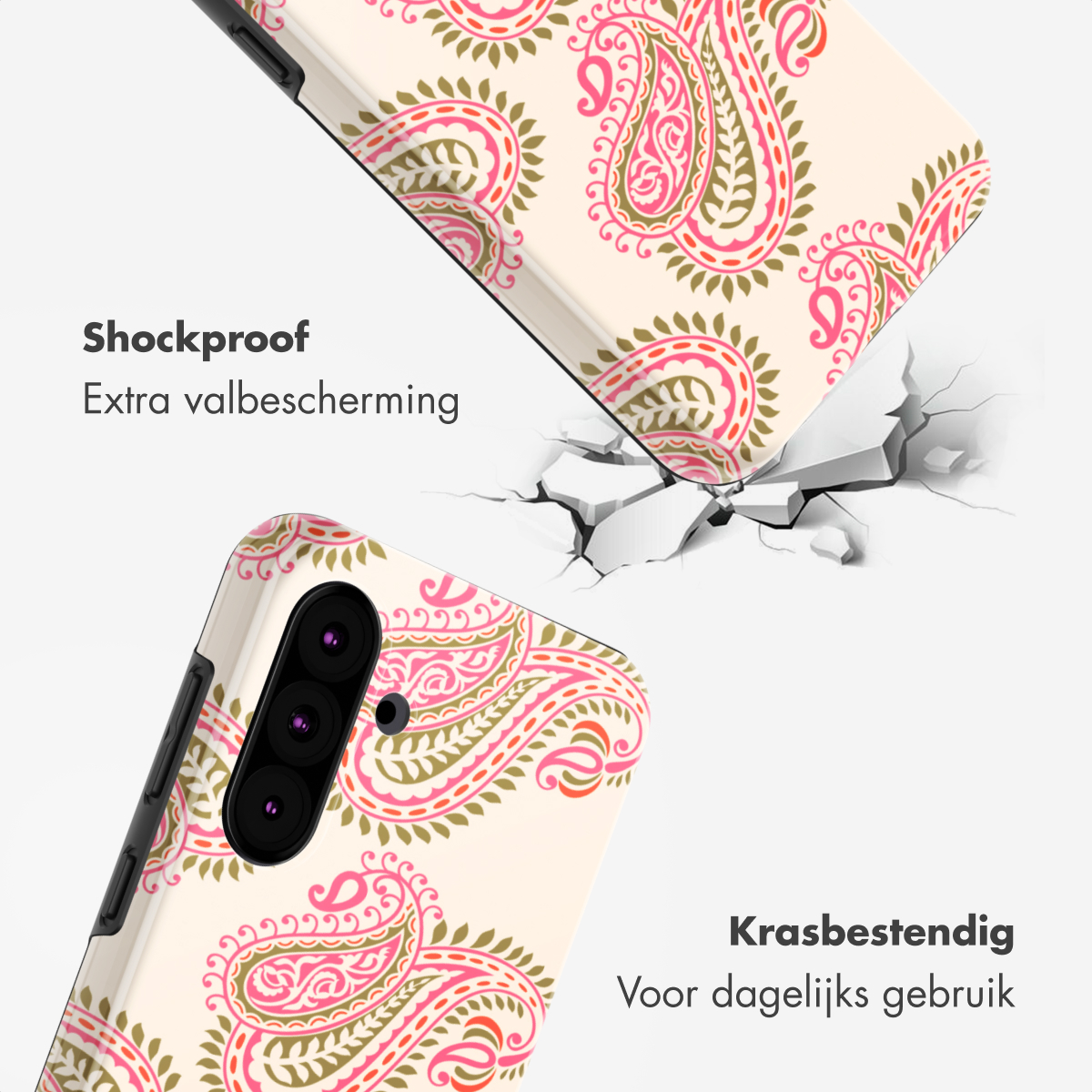 Custodia per telefono con motivo paisley rosa e verde su sfondo crema.