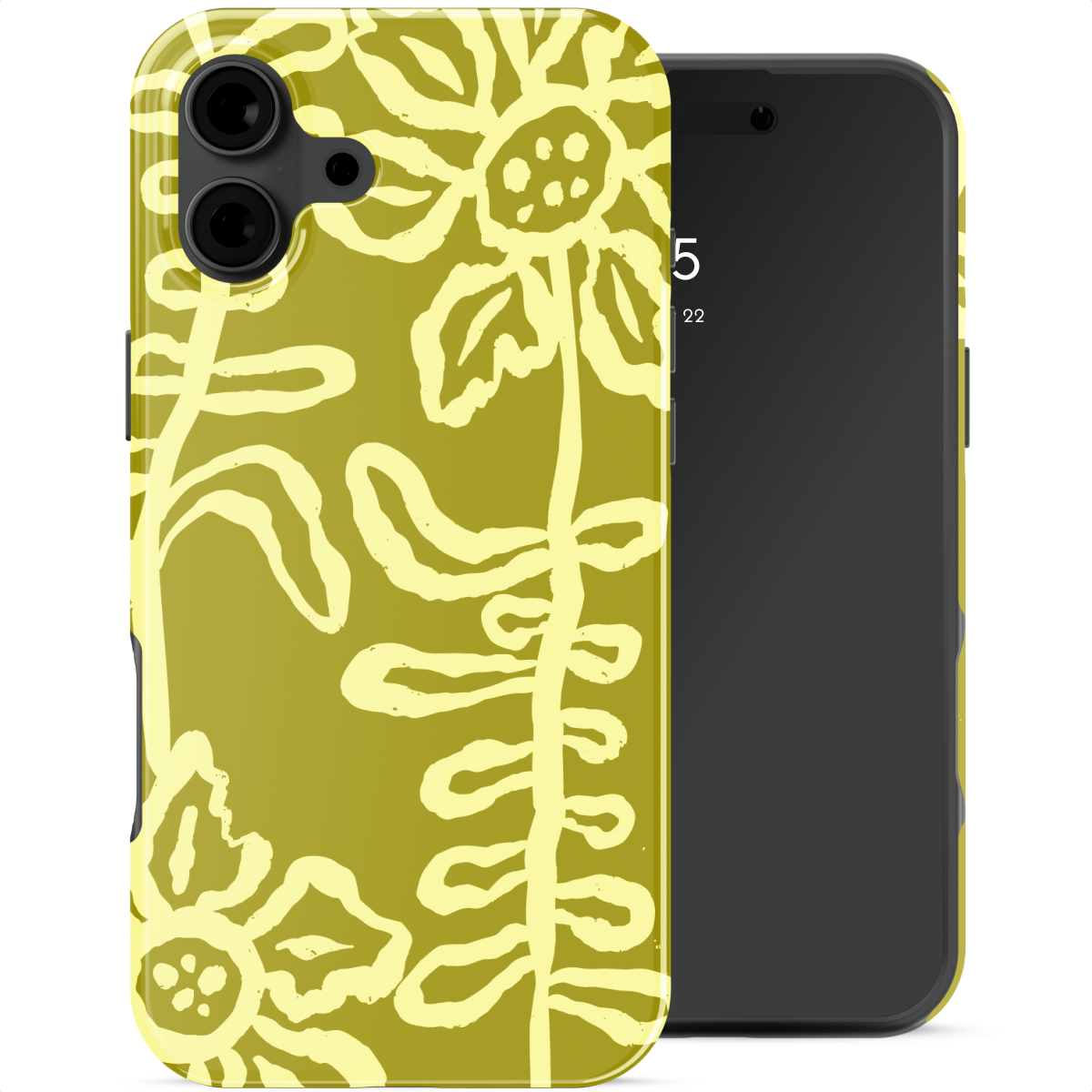 Une coque de téléphone vert olive avec des motifs floraux jaunes, à côté d'un smartphone.