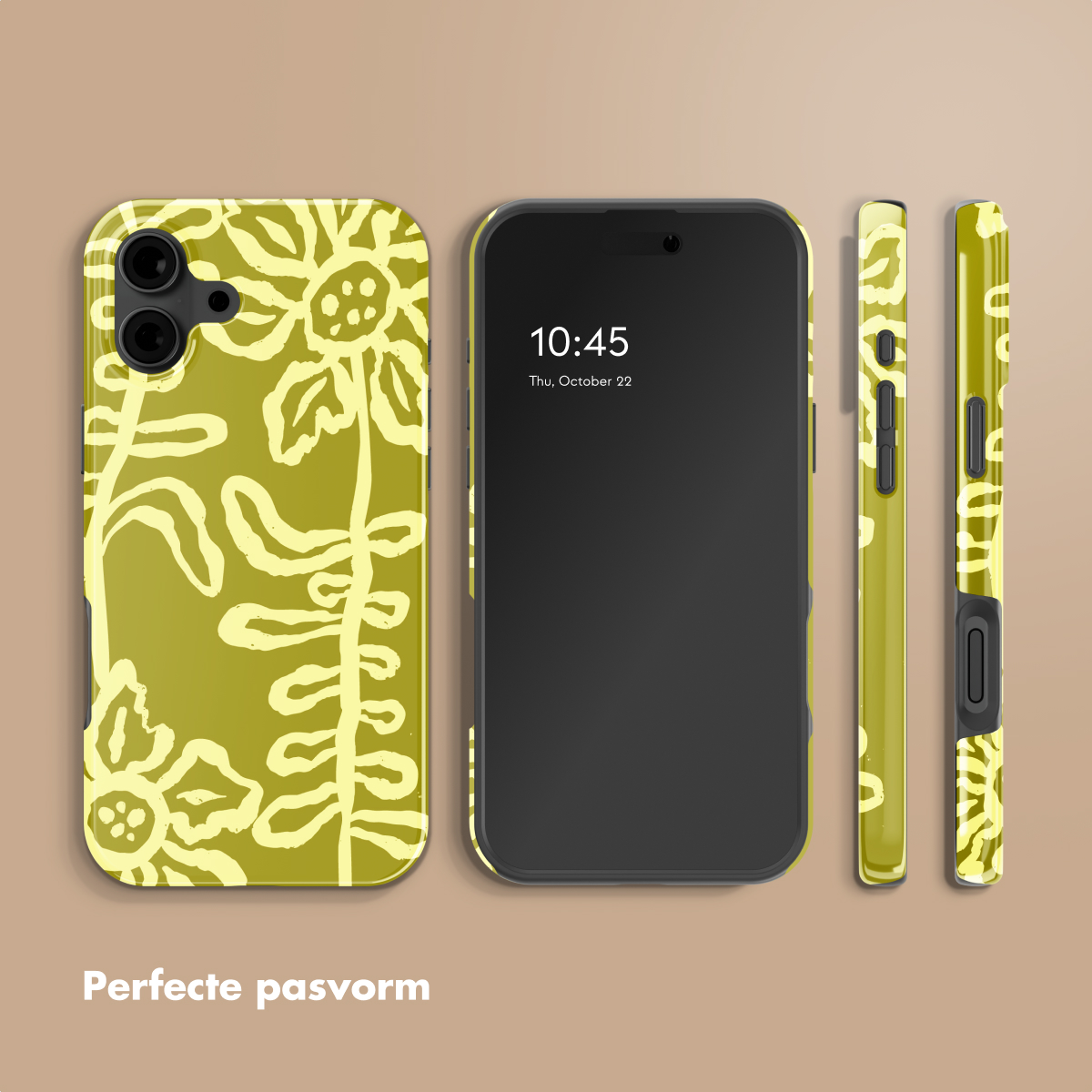 Une coque de téléphone jaune à motif floral à côté d'un smartphone.