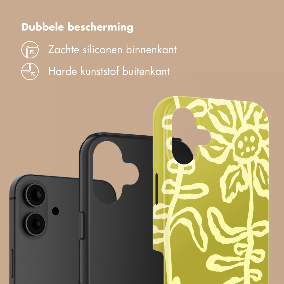 Trois coques de téléphone : une noire, une autre noire et une verte à motif floral.