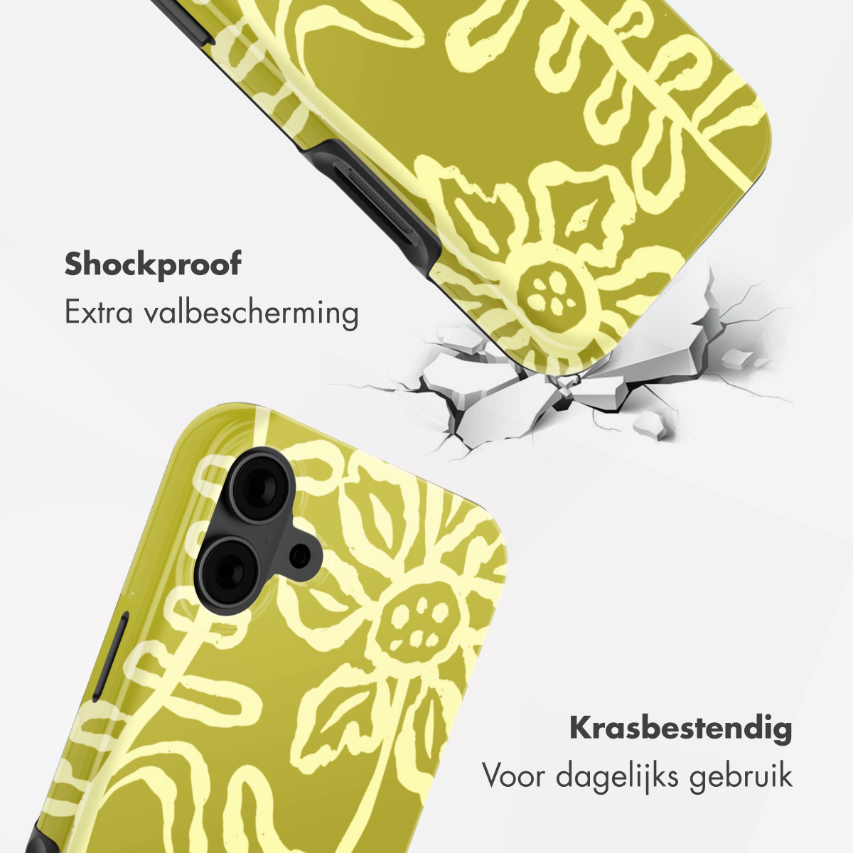 Coque de téléphone verte à motif floral jaune, antichoc et résistante aux rayures.