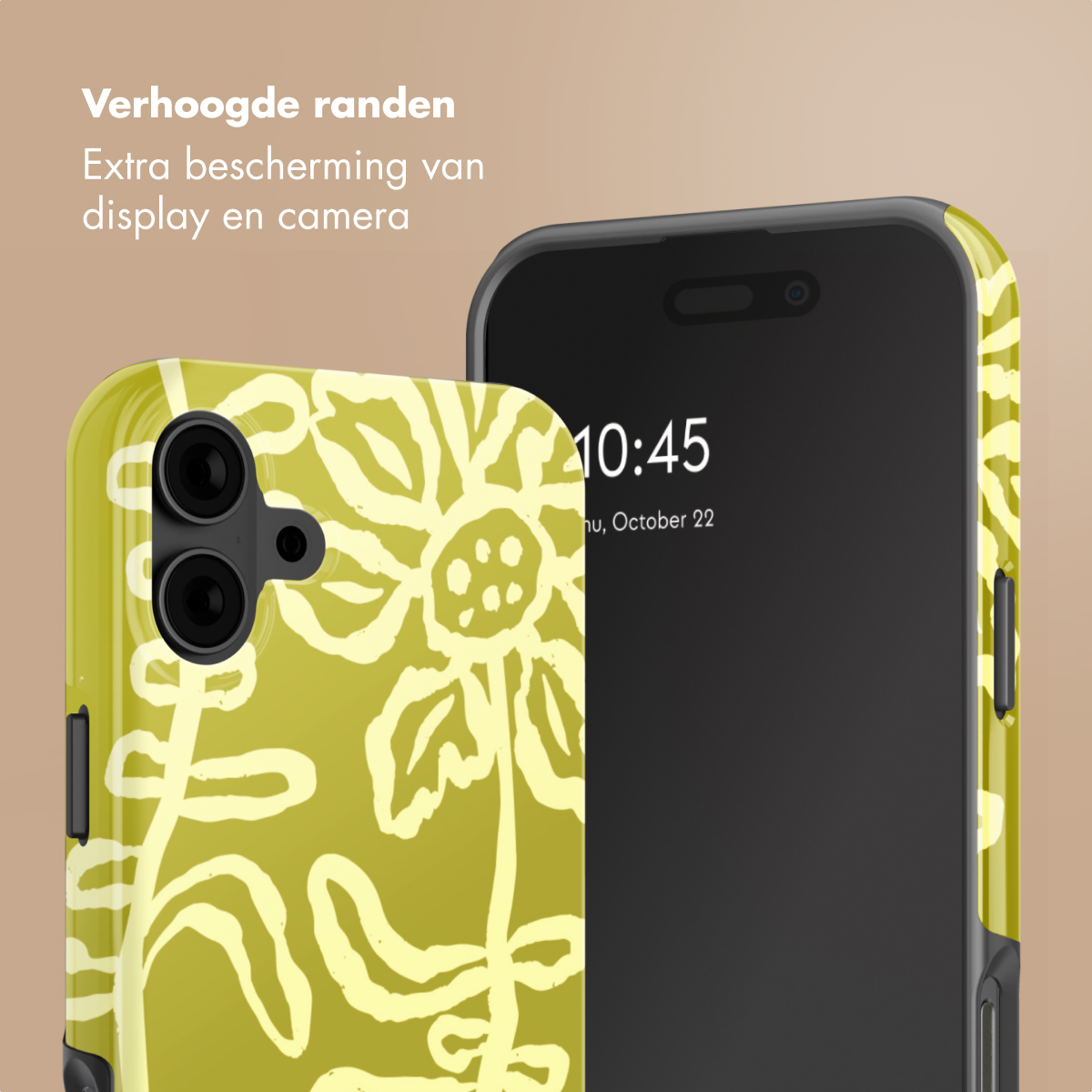 Une coque de téléphone jaune à motif floral à côté d'un smartphone.