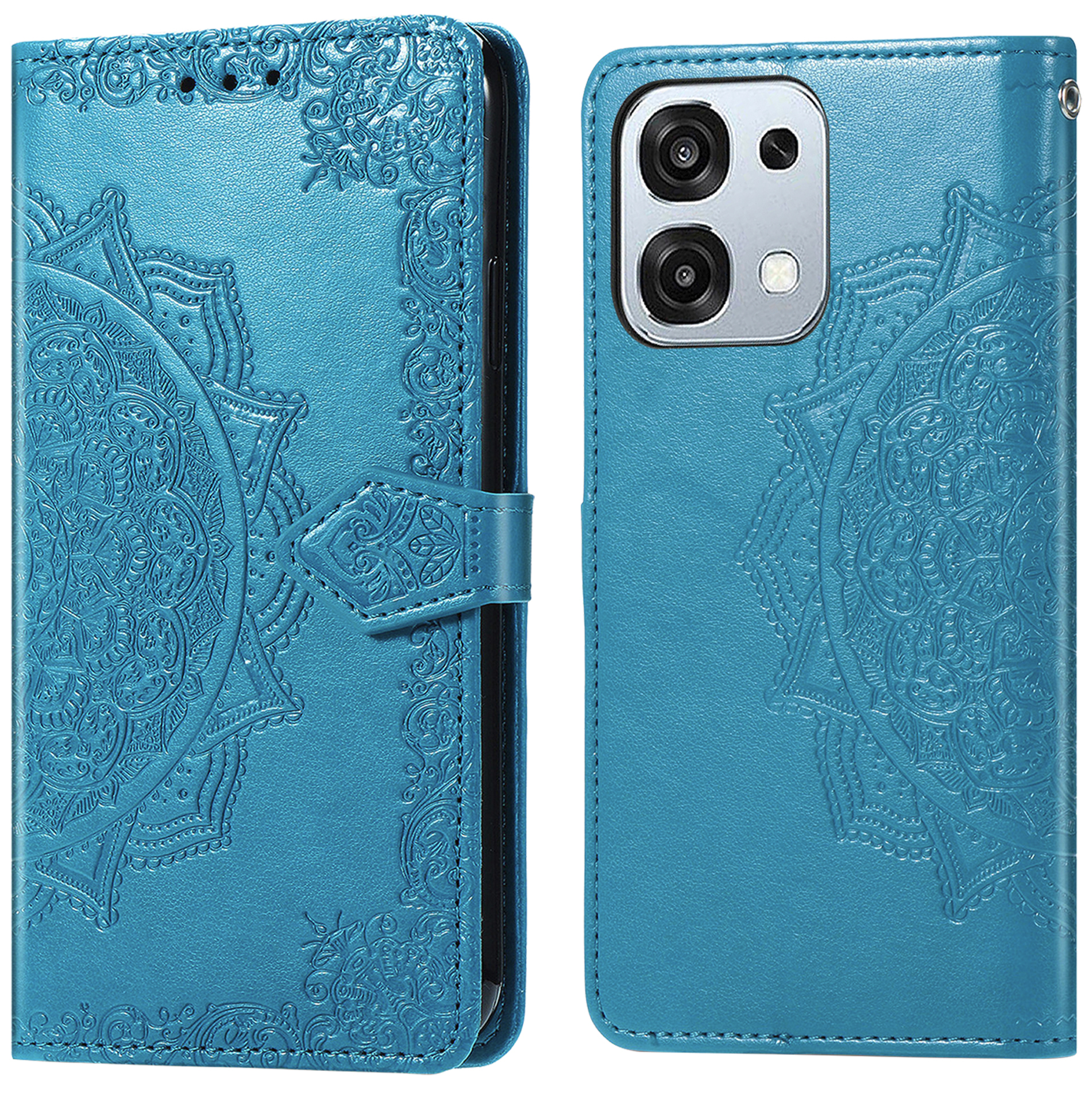 Coque de téléphone turquoise avec motif mandala et découpe caméra.