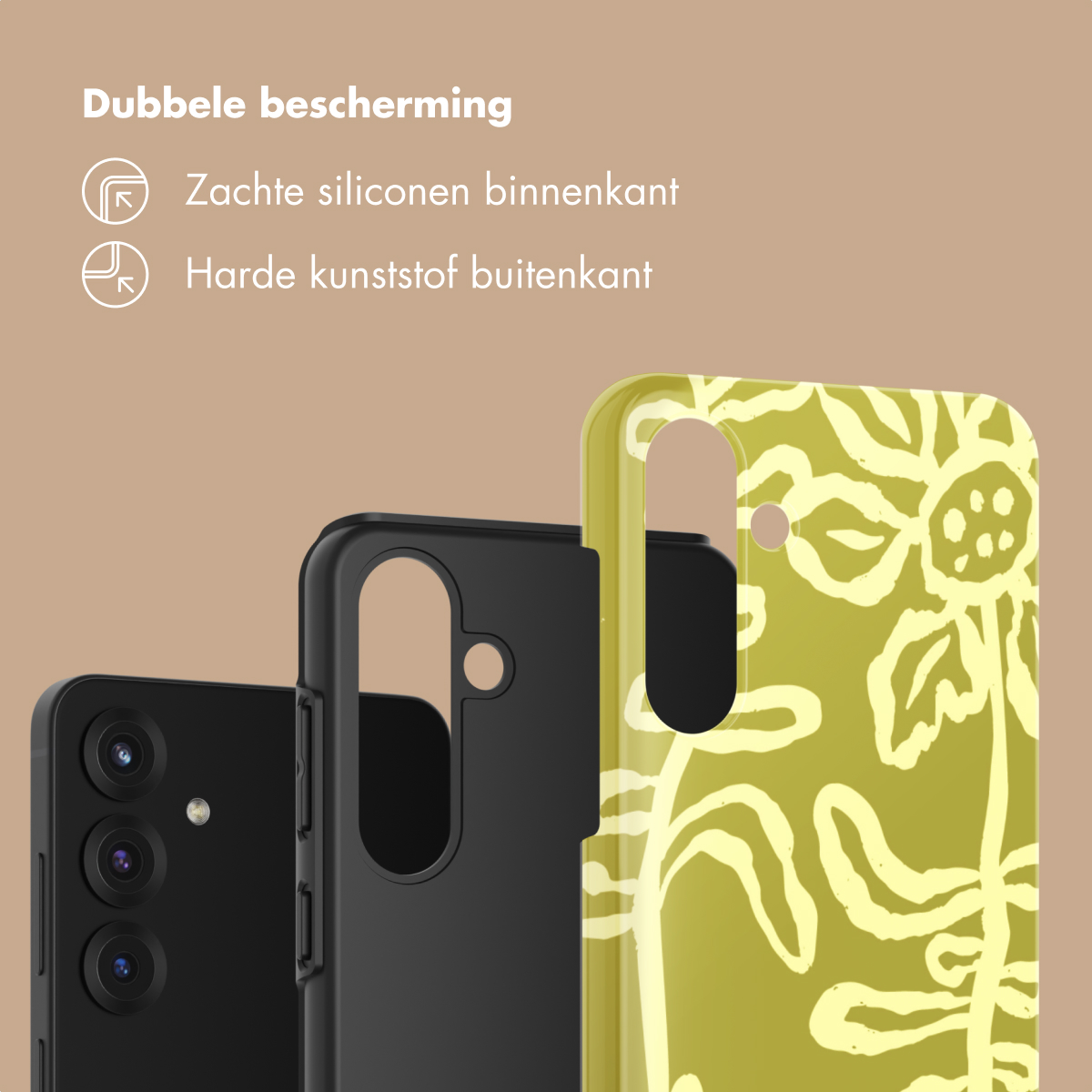 Tre custodie per telefono: una nera, una blu e una gialla con motivo floreale.