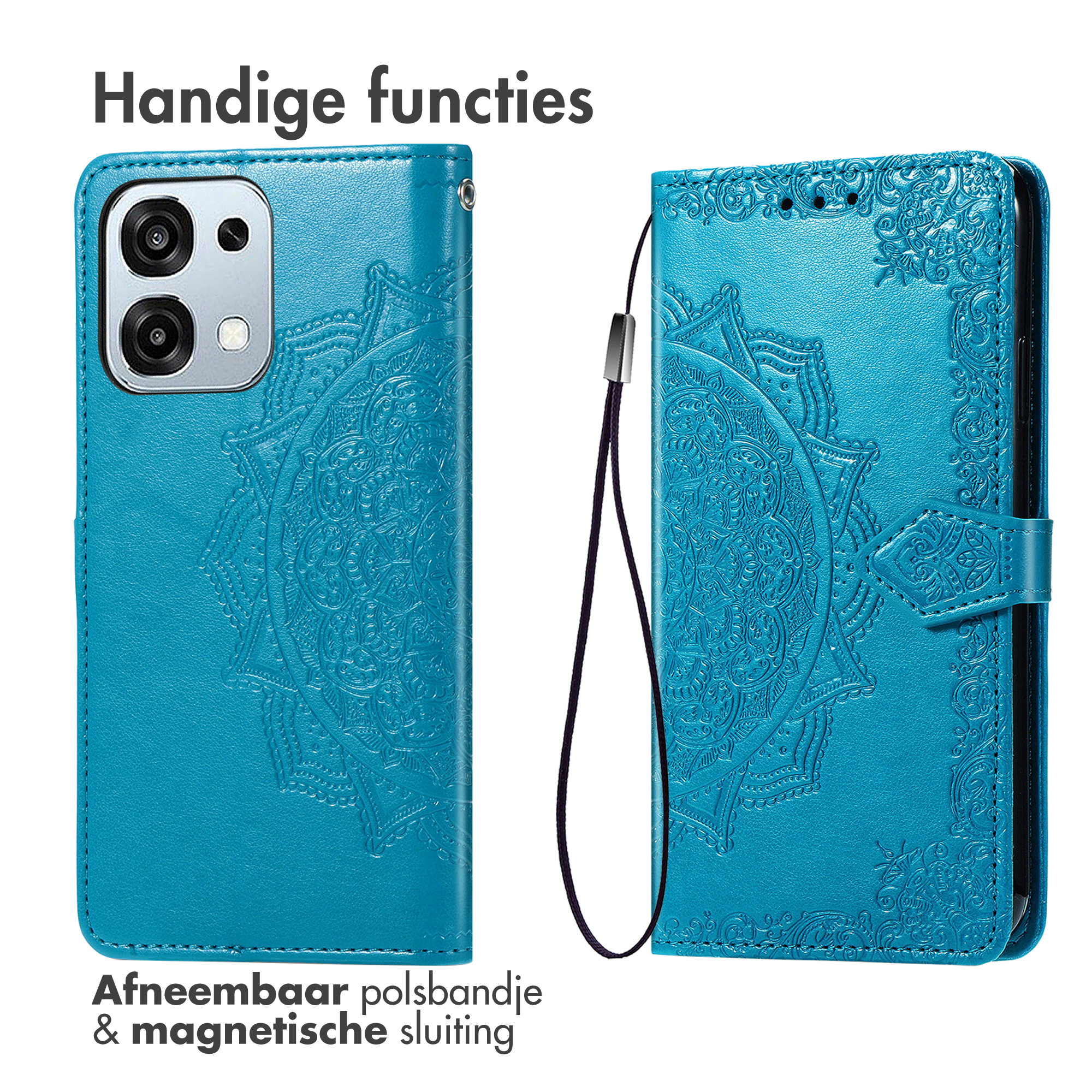 Étui de téléphone bleu avec mandala en relief, dragonne amovible et fermeture magnétique.
