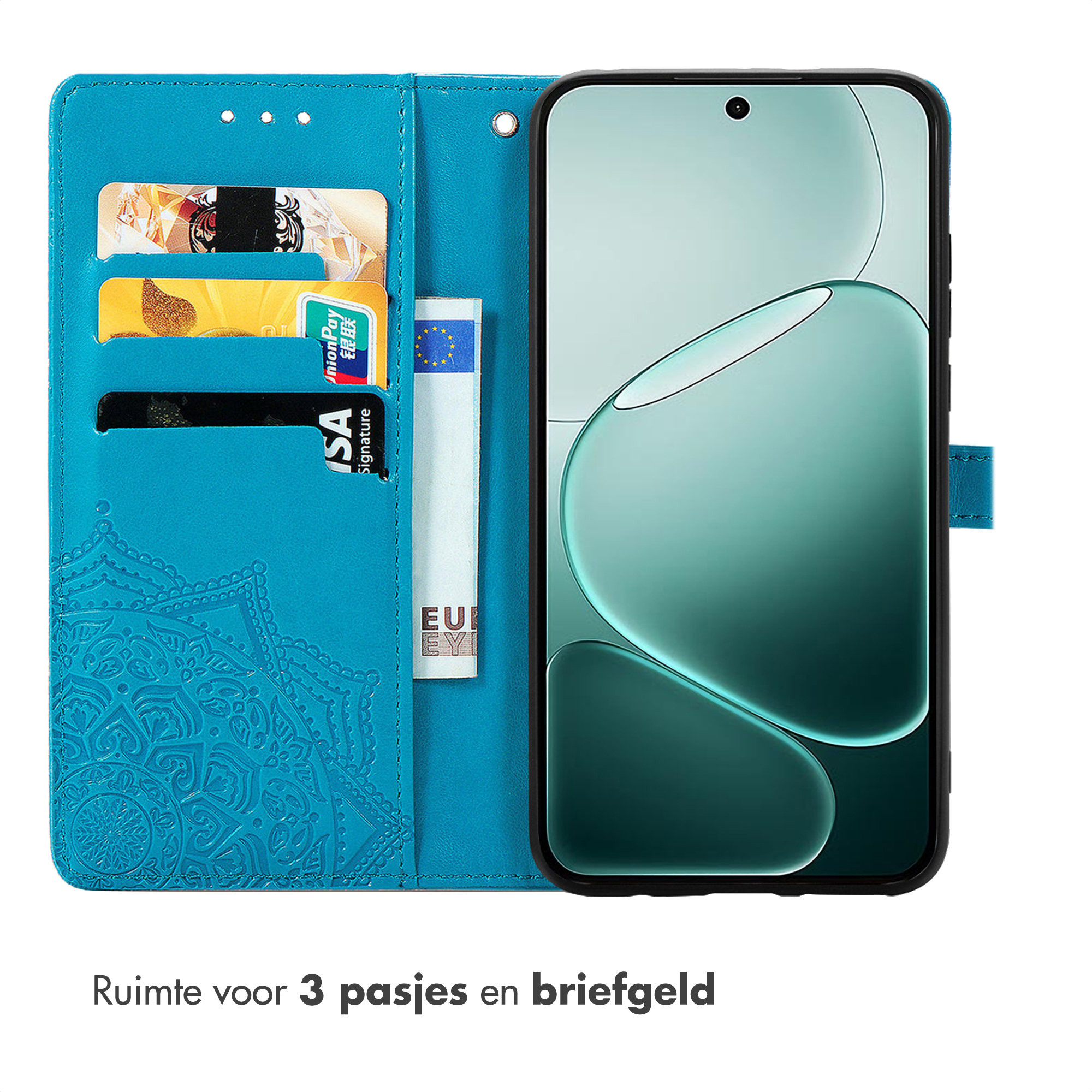Un étui de téléphone bleu avec des fentes pour cartes et un téléphone.